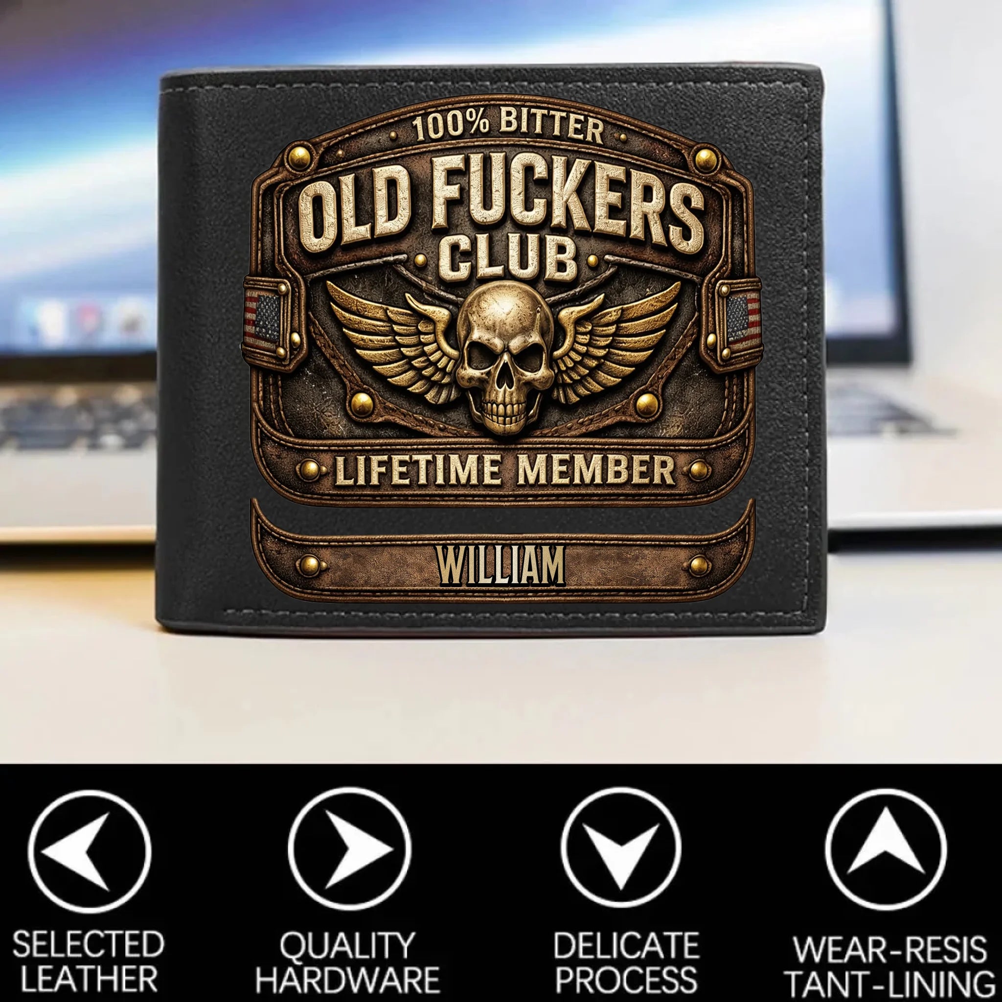 Vintage Military-Style Skull Badge Customized Wallet - Personalized Name - Gift For Tough Guys, Outdoor Lovers, Veterans