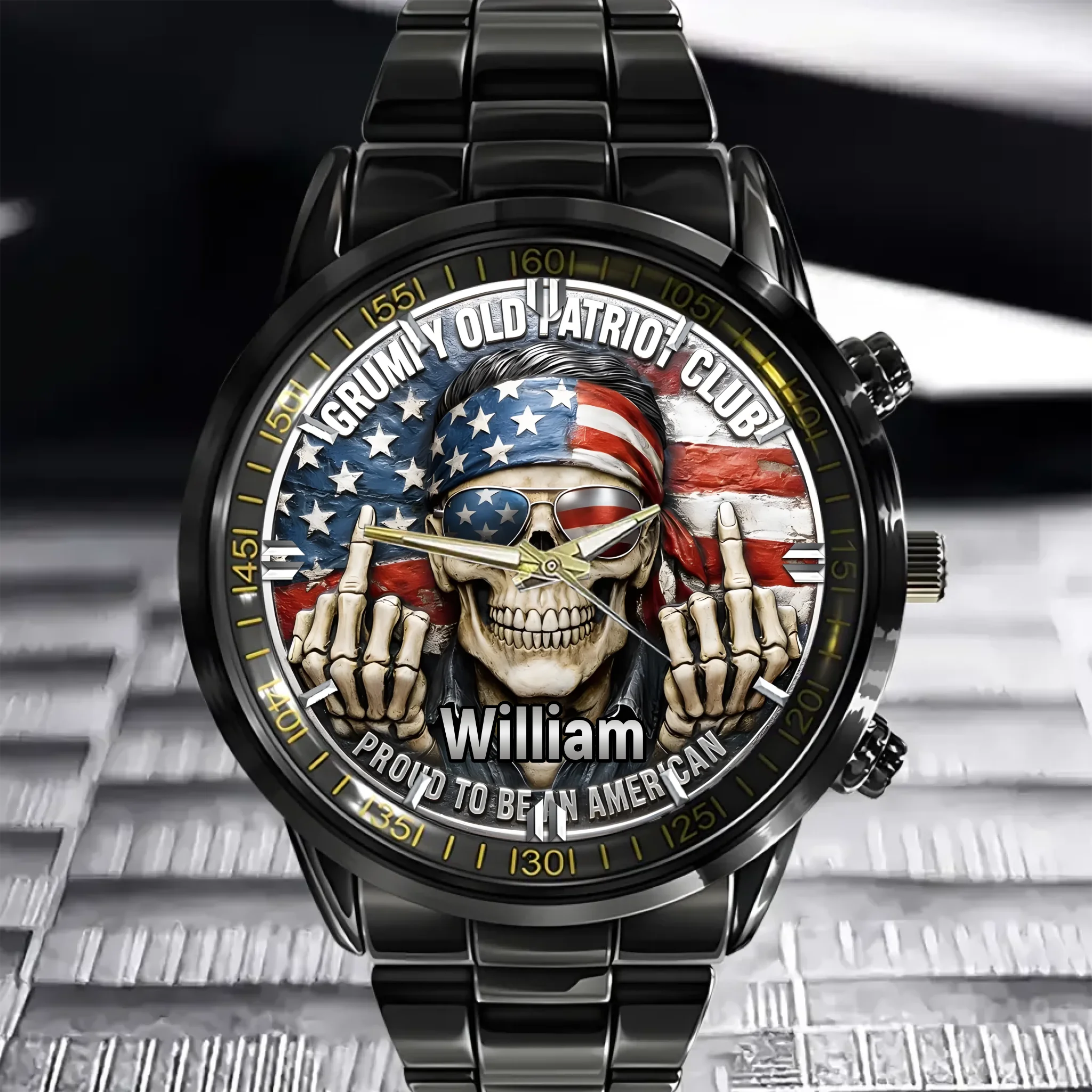 Customized Grumpy Old Patriot Skull Watch - Personalized Name – Gift For Patriots, Veterans, Proud Americans