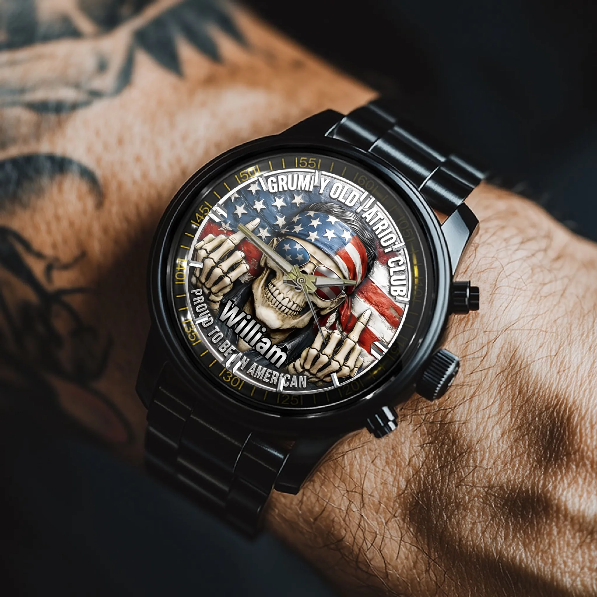 Customized Grumpy Old Patriot Skull Watch - Personalized Name – Gift For Patriots, Veterans, Proud Americans