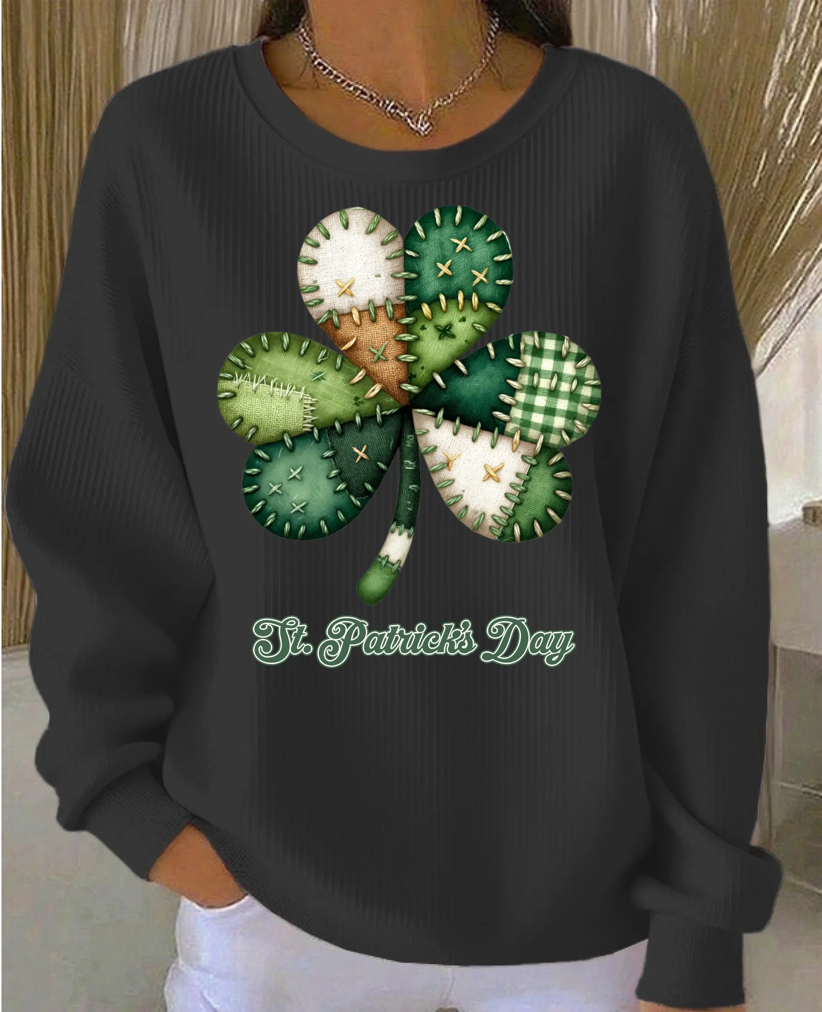 Customized Patchwork Three-Leaf Clover Apparel - Personalized Name/Text Clothing - Gift for St. Patrick’s Day Celebrators & Lucky Clover Lovers