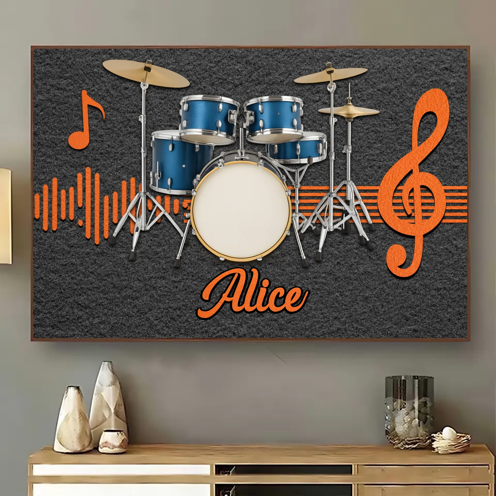 Drum Themed Customized Wall Painting - Personalized Name Canvas Poster - Home Decoration For Music Lovers