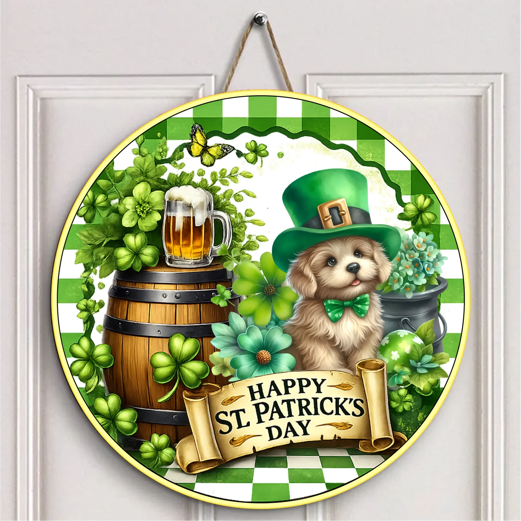 St Patrick's Day Pet Wreath Customized Wooden Doorplates - Personalized Name Door Sign - Pet Lovers' Festival Celebration Decoration Gifts