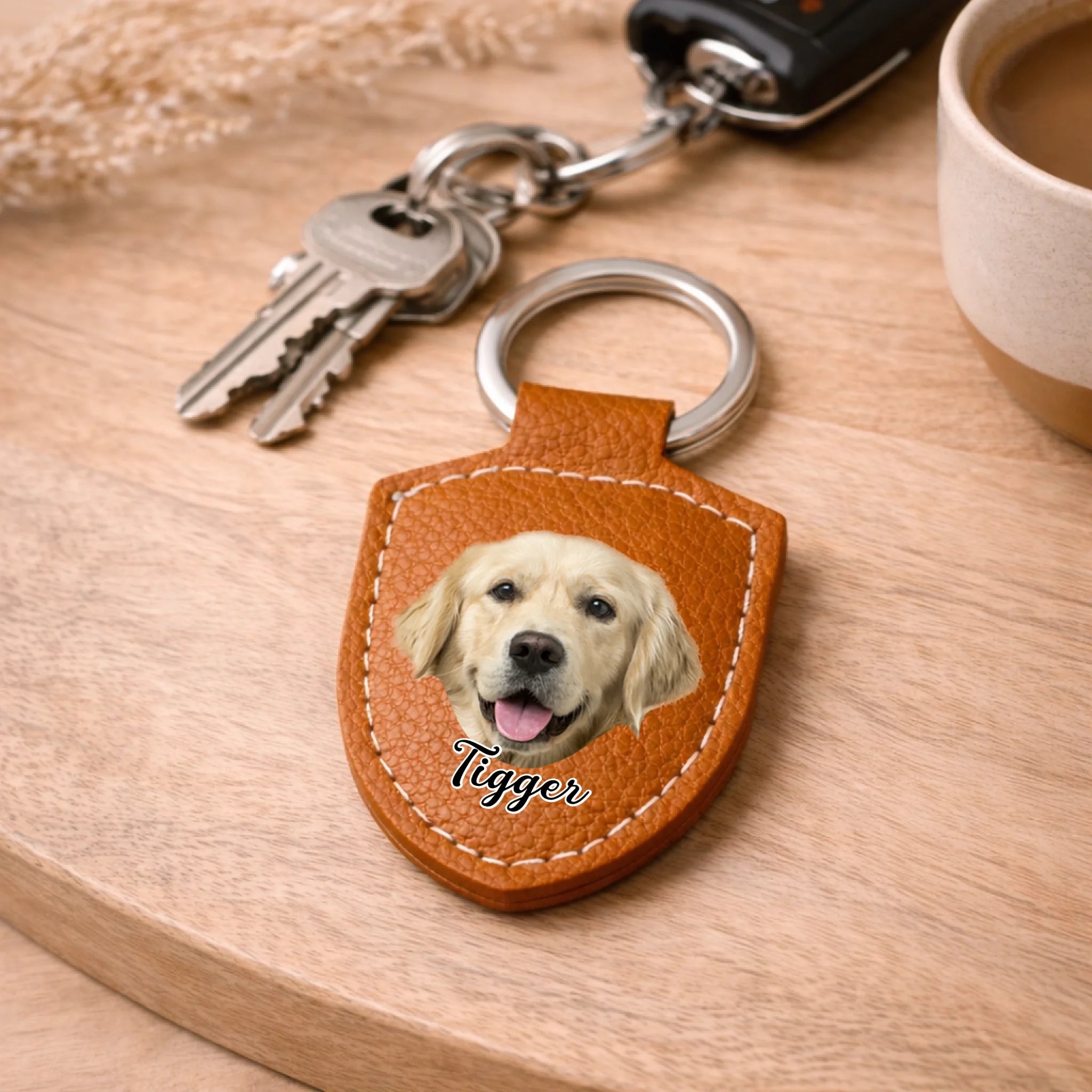 Customized Pet Photo Handmade Keychain - Personalized Photo and Name Leather Keychain - Pet Memorial Gifts