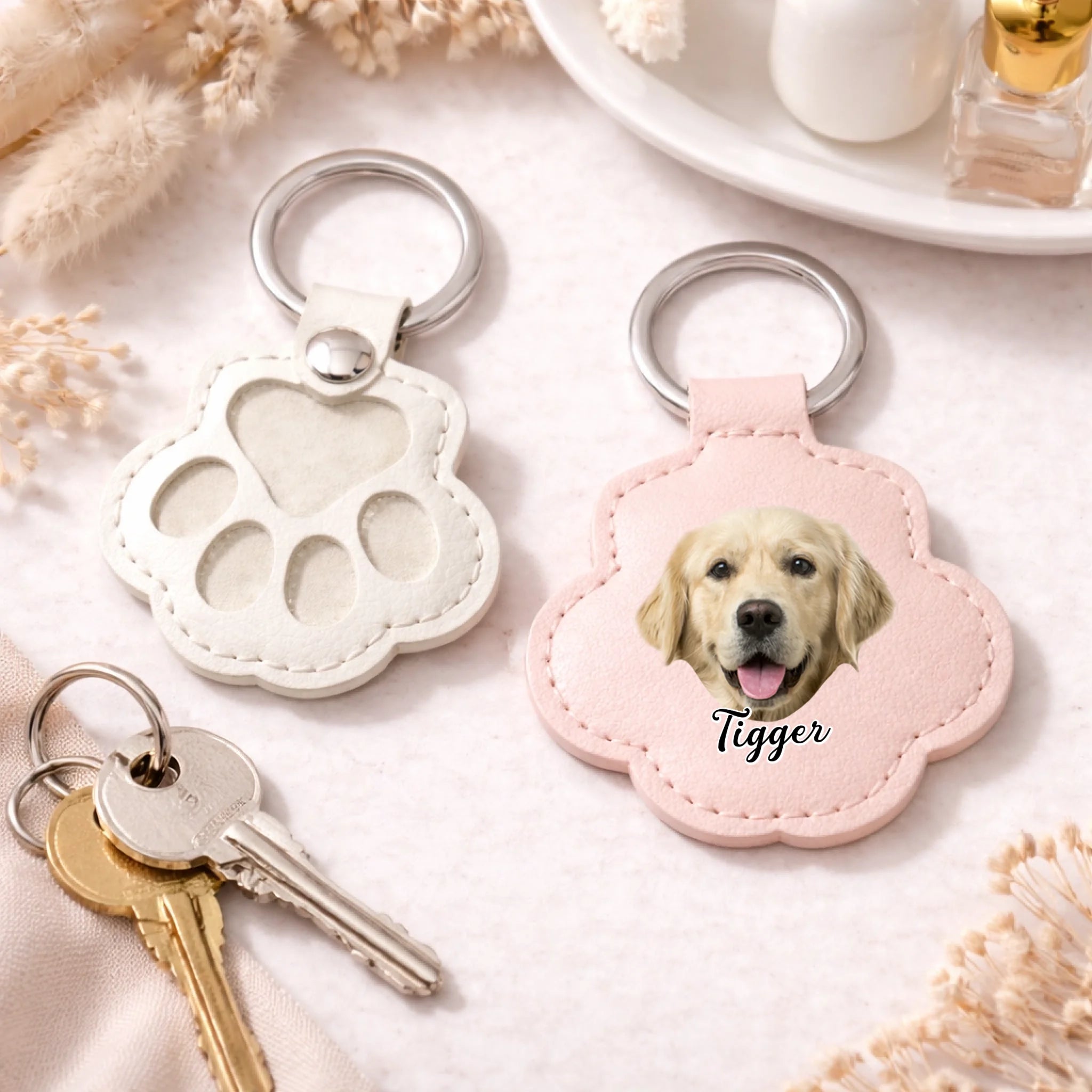 Customized Pet Photo Handcrafted Paw Print-shaped Keychain - Personalized Photo and Name Leather Keychain - Pet Memorial Gifts
