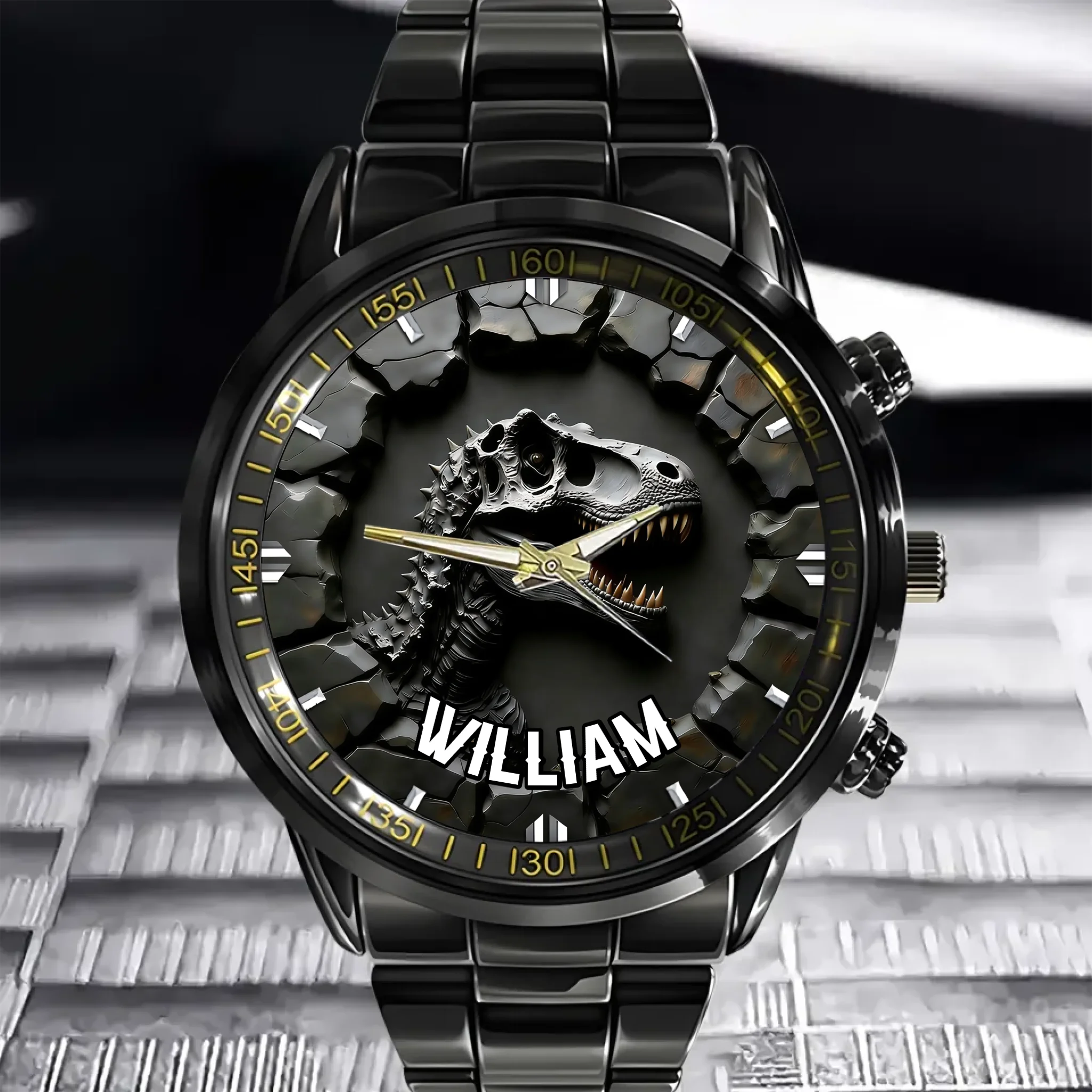 Custom Dark Metal Dinosaur Skull Breakthrough Dial Watch - Personalized Name - Gift for Him, Boyfriend, Husband, Dinosaur Lovers