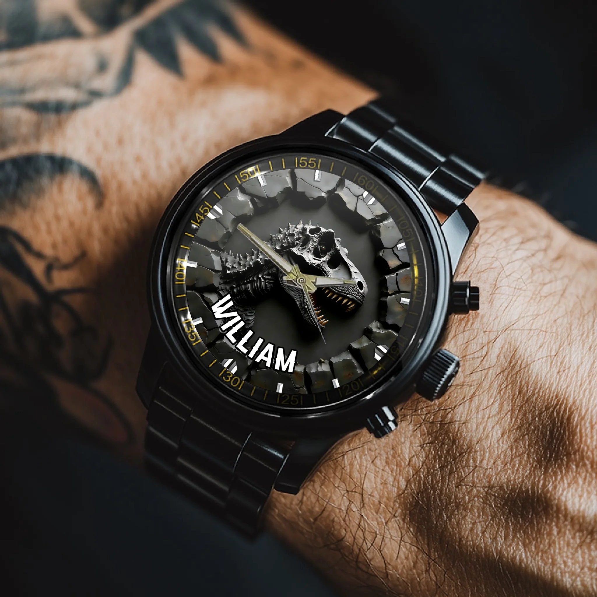 Custom Dark Metal Dinosaur Skull Breakthrough Dial Watch - Personalized Name - Gift for Him, Boyfriend, Husband, Dinosaur Lovers