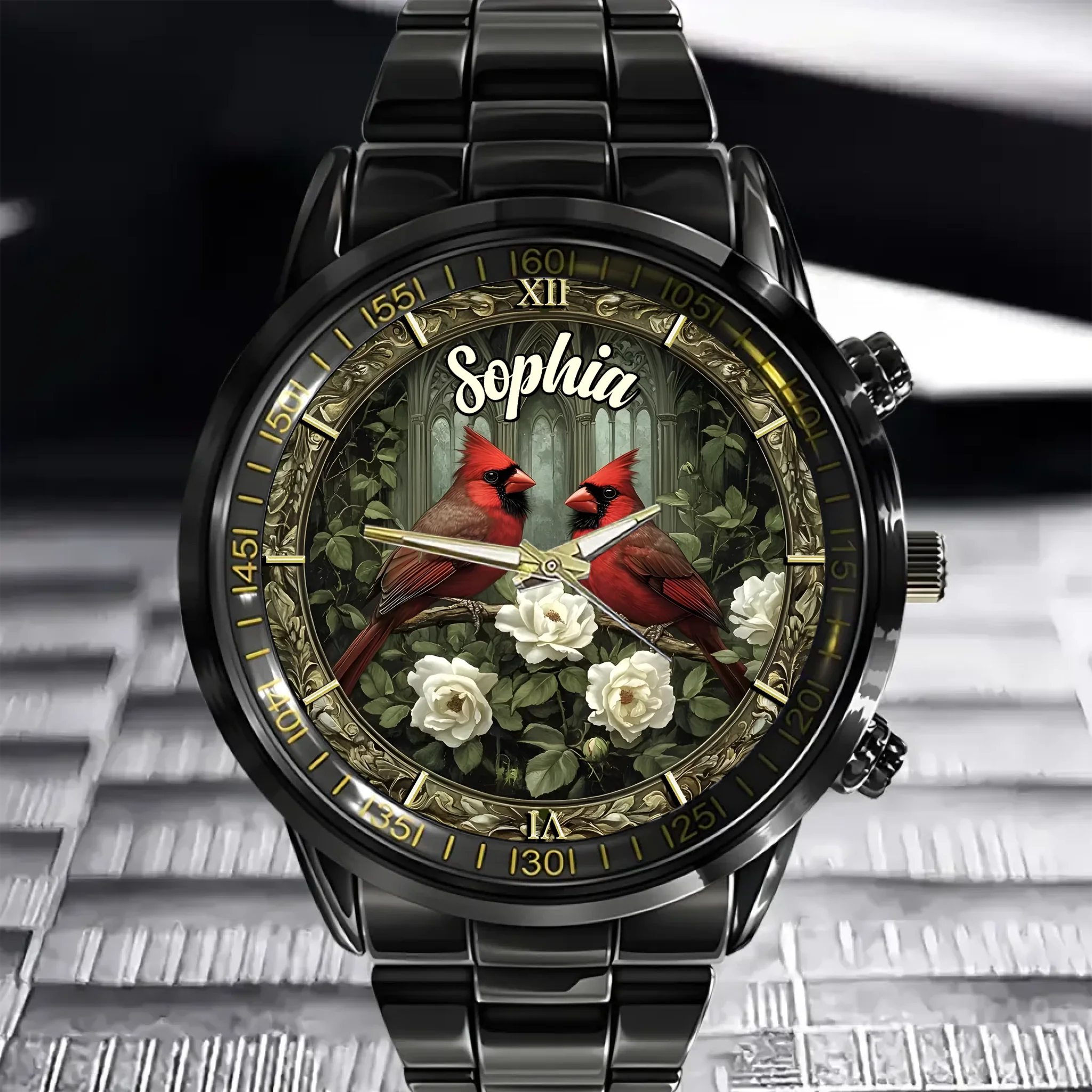 Customized Romantic Cardinal Dial Watch - Personalized Name  - Gift for Couples, Spouses, Anniversary, Bird Lovers