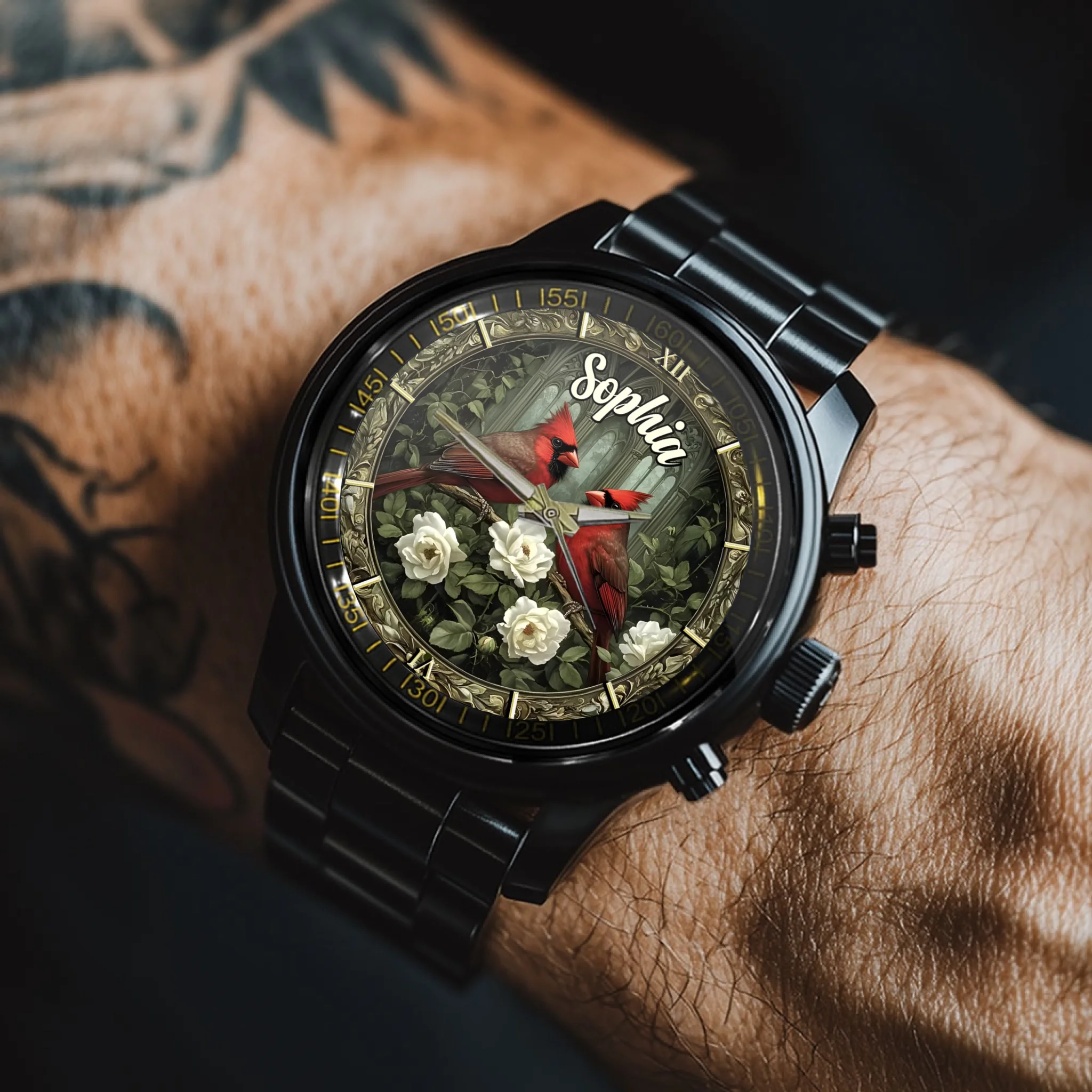 Customized Romantic Cardinal Dial Watch - Personalized Name  - Gift for Couples, Spouses, Anniversary, Bird Lovers