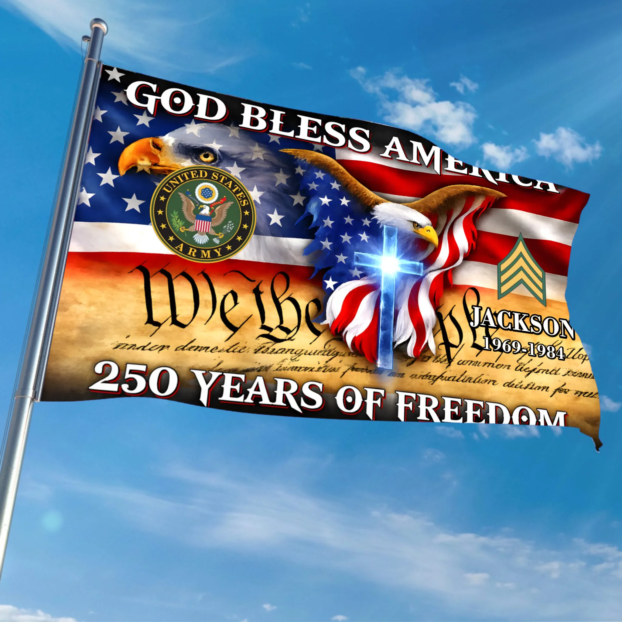 Custom God Bless America 250 Years Flag - Personalized Name, Years And Branch Patriotic Flag - Gift for Veterans, Patriots, Military Families
