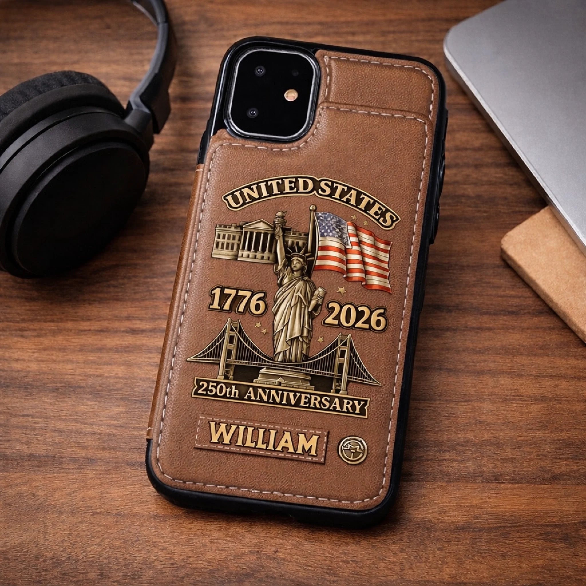 Personalized USA 250th Anniversary Leather Phone Case – Custom Name Wallet Case – Patriotic Gift for Military & Veterans