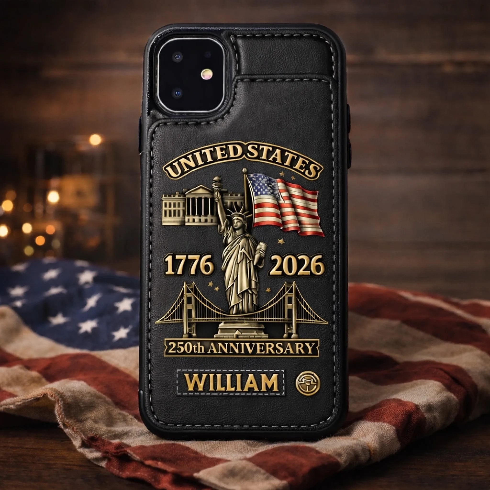 Personalized USA 250th Anniversary Leather Phone Case – Custom Name Wallet Case – Patriotic Gift for Military & Veterans