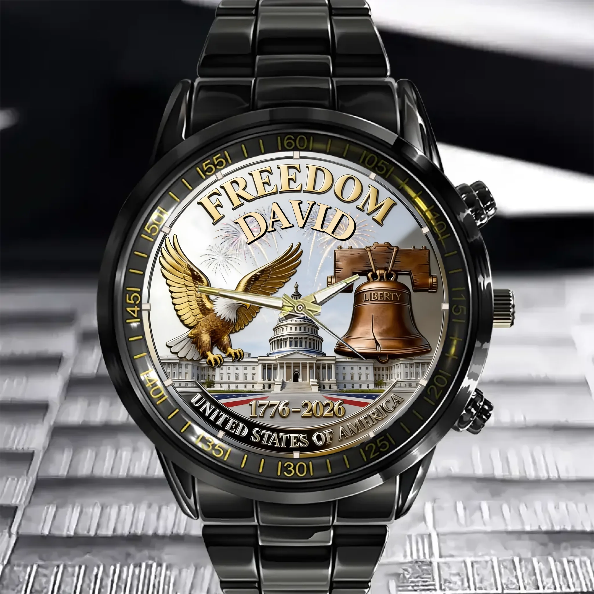 Customized United States 250th Anniversary Watch Dial - Personalized Name Eagle & Flag - Gift for Patriots, Veterans & Military Family