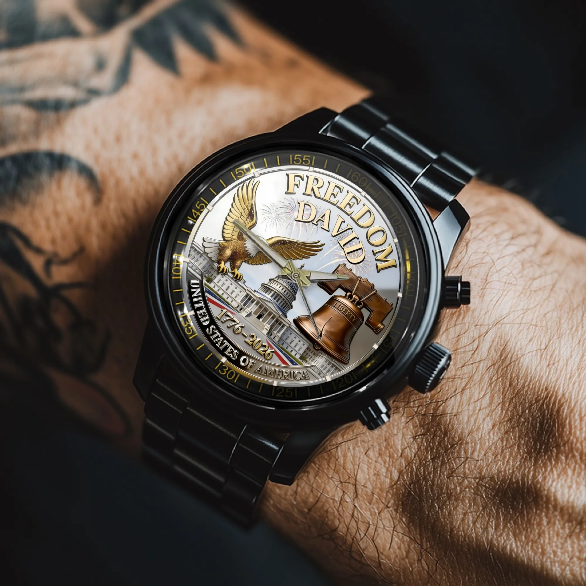 Customized United States 250th Anniversary Watch Dial - Personalized Name Eagle & Flag - Gift for Patriots, Veterans & Military Family