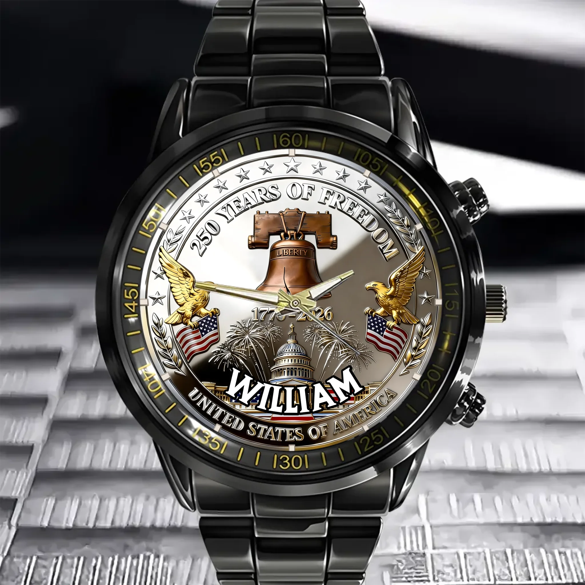 Customized U.S. 250th Anniversary Liberty Bell Watch - Personalized Name - Gift for Patriots, Veterans, Military Families