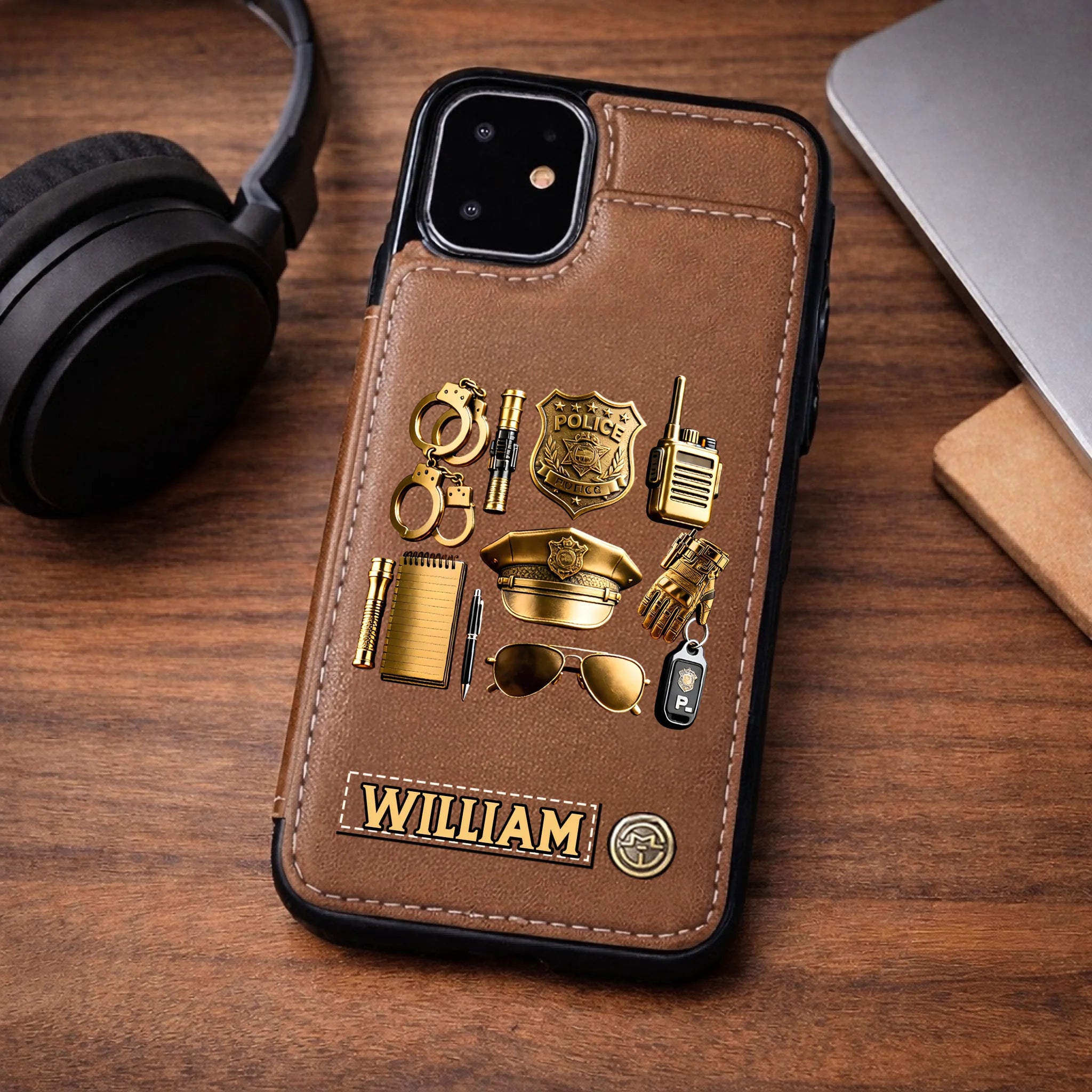 Custom Police Badge Style Leather Wallet Phone Case - Personalized Name - Gift for Police Officers