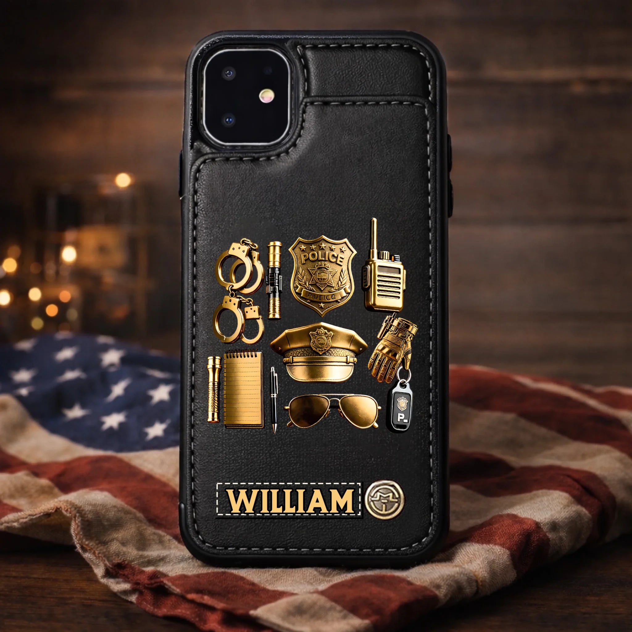 Custom Police Badge Style Leather Wallet Phone Case - Personalized Name - Gift for Police Officers