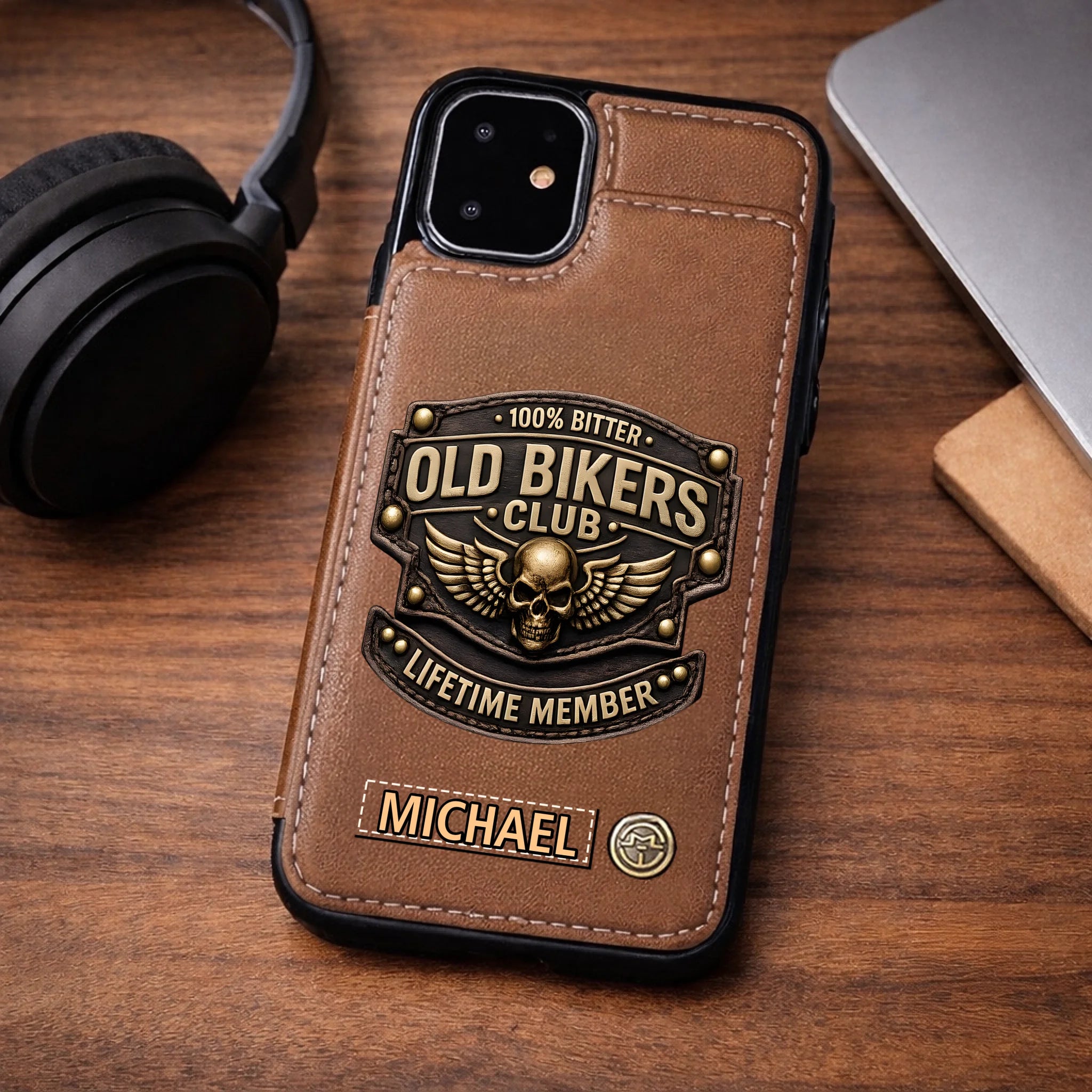 Custom Old Bikers Club Leather Wallet Phone Case - Personalized Name - Gift for Bikers, Motorcycle Lovers