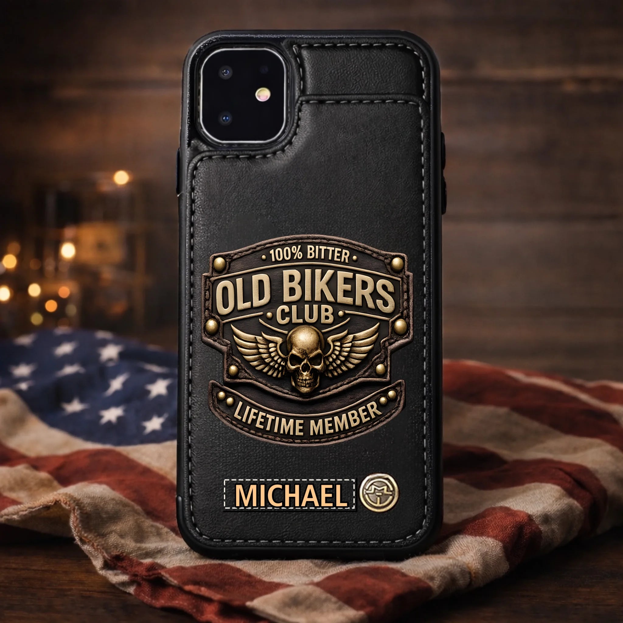 Custom Old Bikers Club Leather Wallet Phone Case - Personalized Name - Gift for Bikers, Motorcycle Lovers
