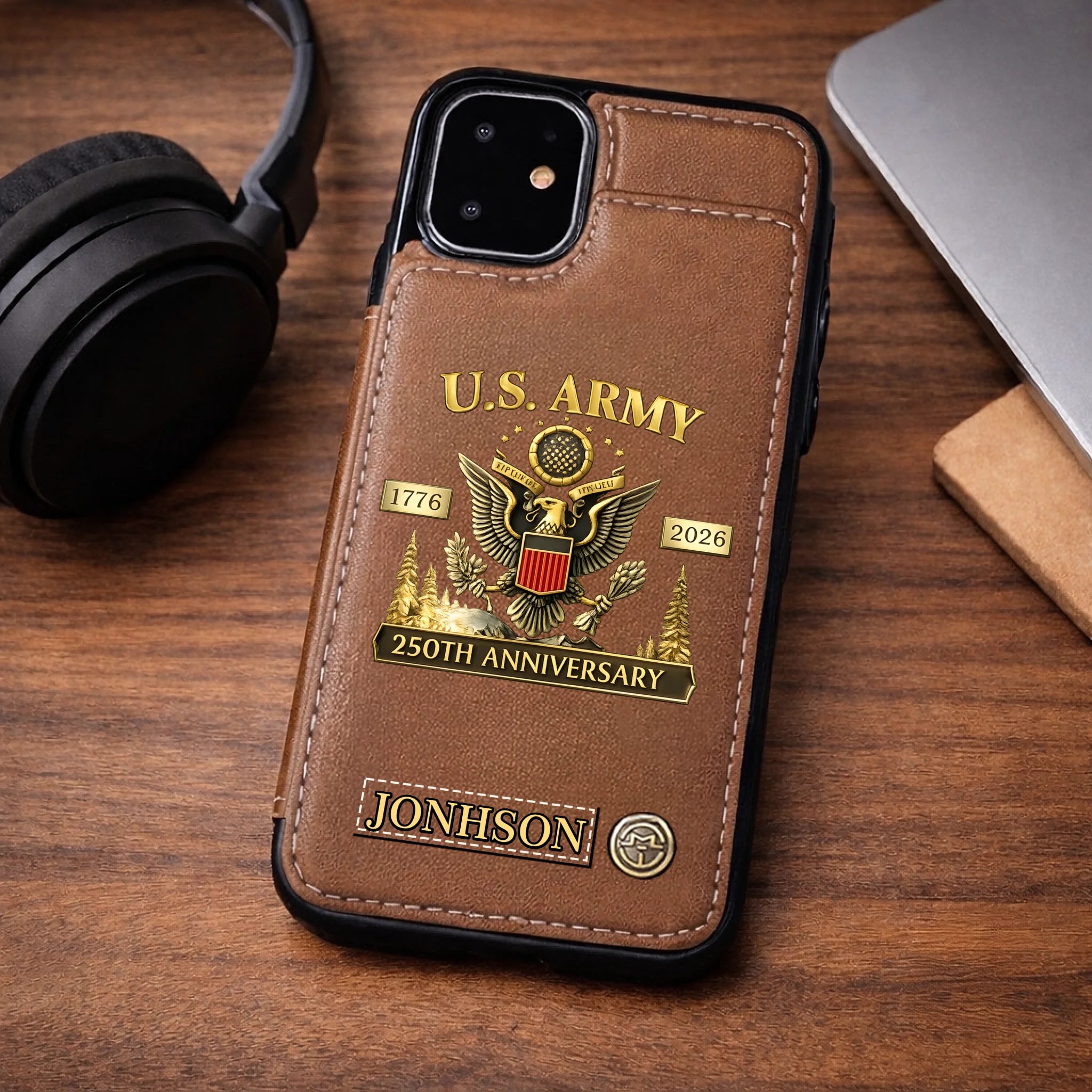 250th Anniversary Customized Leather Wallet Phone Case - Personalized Name - Gift For Veterans, Military