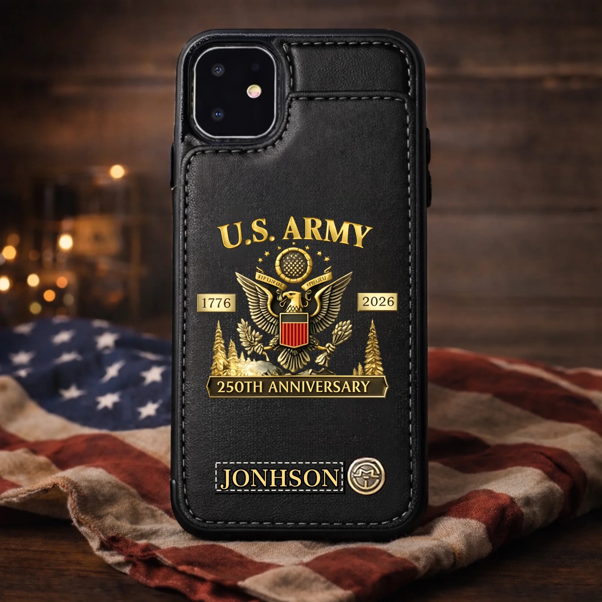 250th Anniversary Customized Leather Wallet Phone Case - Personalized Name - Gift For Veterans, Military