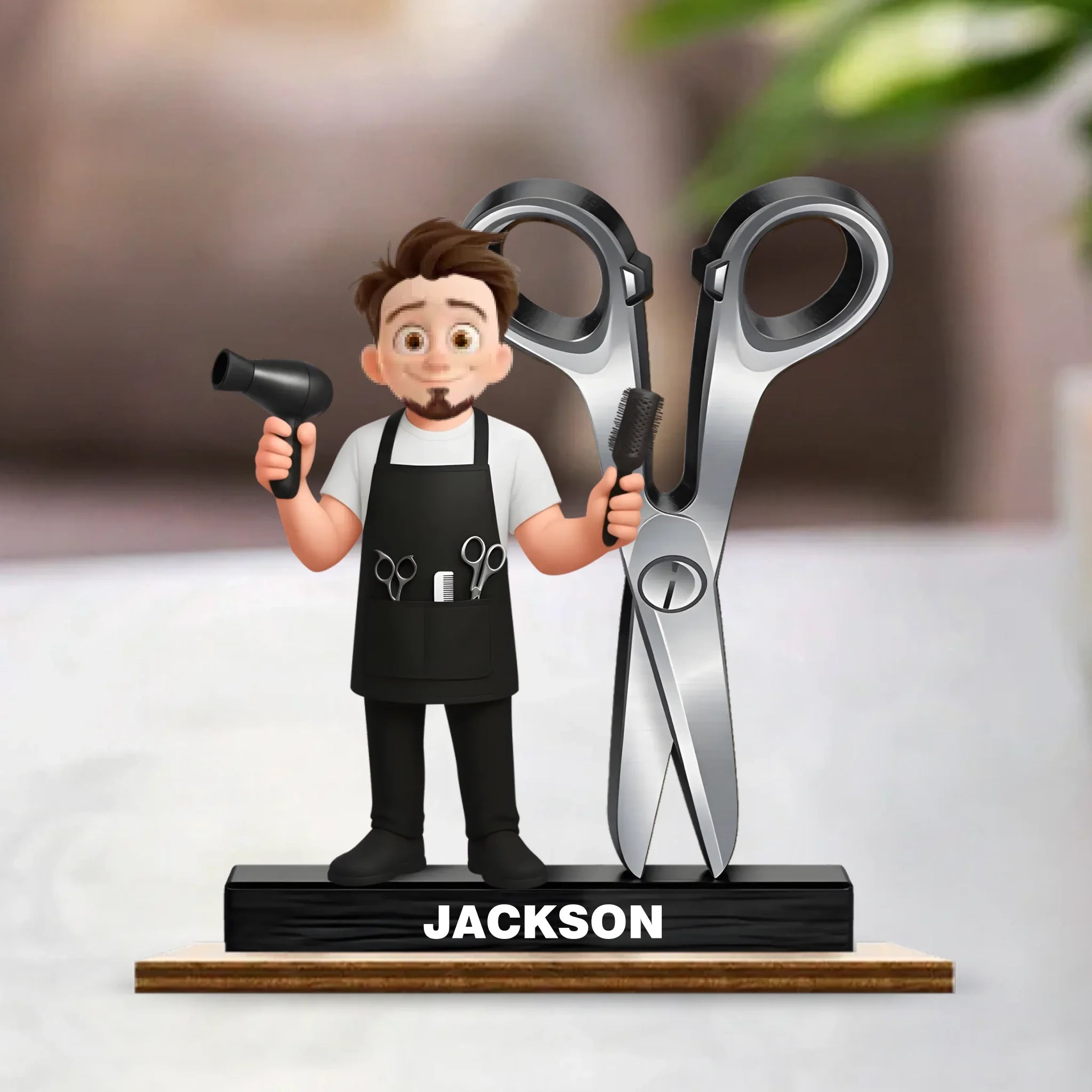 Hairdresser Cartoon With Scissors Salon Decor Customized Wooden Plaque - Personalized Name & Cartoon Figurine - Gift For Hairstylists