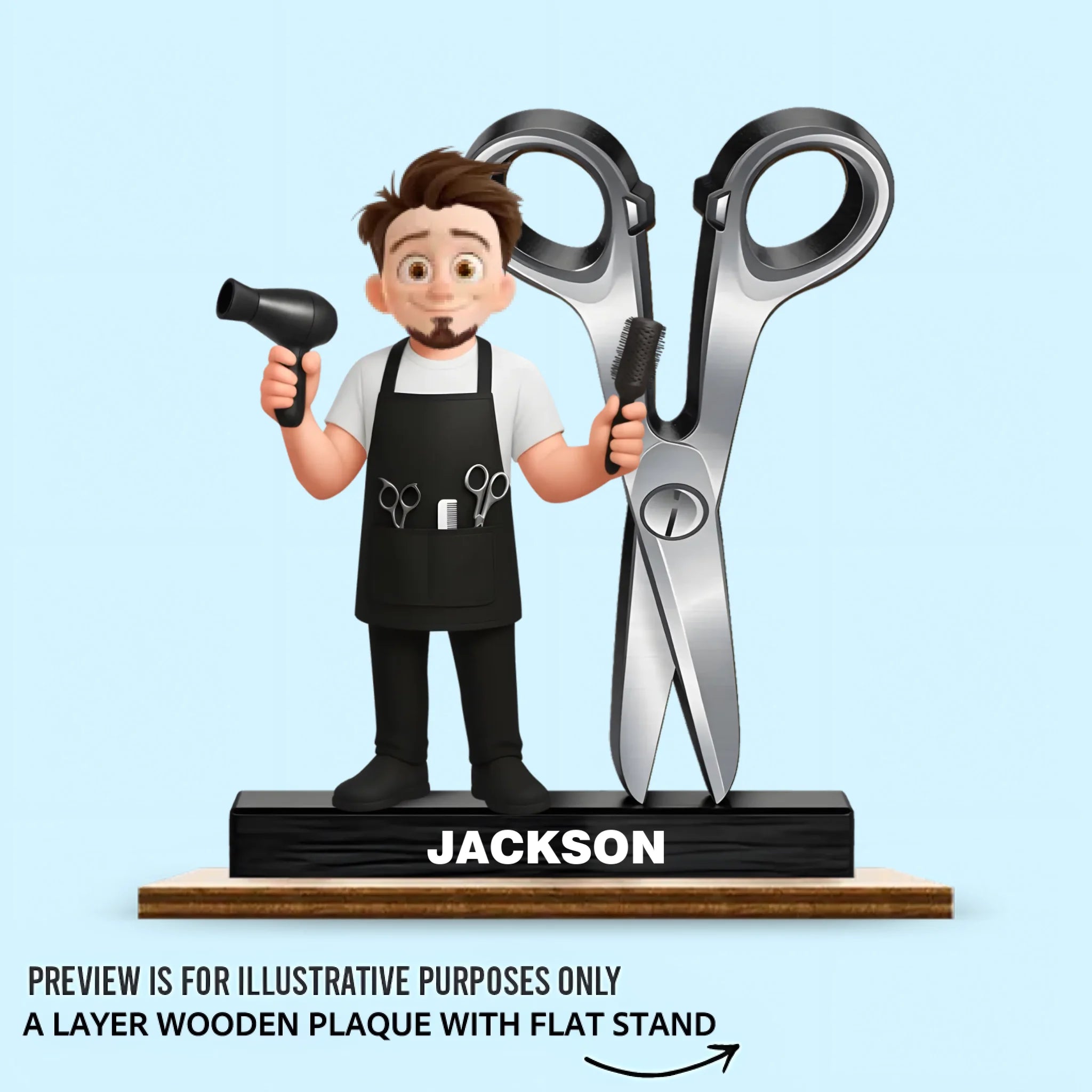 Hairdresser Cartoon With Scissors Salon Decor Customized Wooden Plaque - Personalized Name & Cartoon Figurine - Gift For Hairstylists