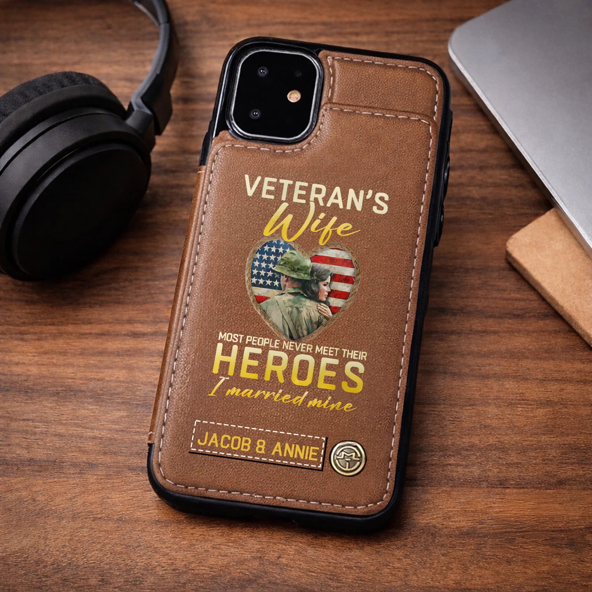 Personalized Veteran’s Wife Leather Wallet Phone Case - Custom Names/Message & Photo - Gift for Military Wives, Couples & Family