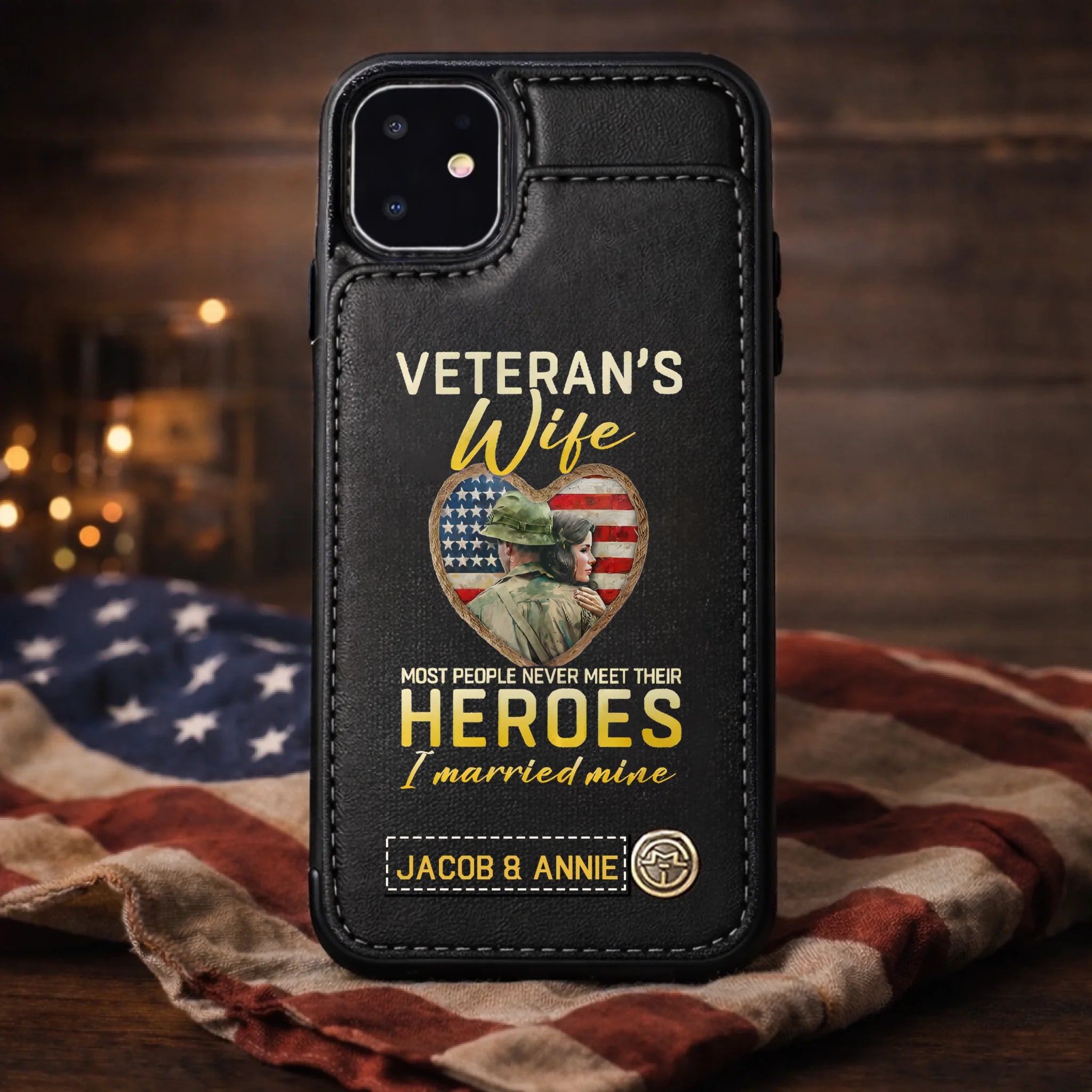 Personalized Veteran’s Wife Leather Wallet Phone Case - Custom Names/Message & Photo - Gift for Military Wives, Couples & Family