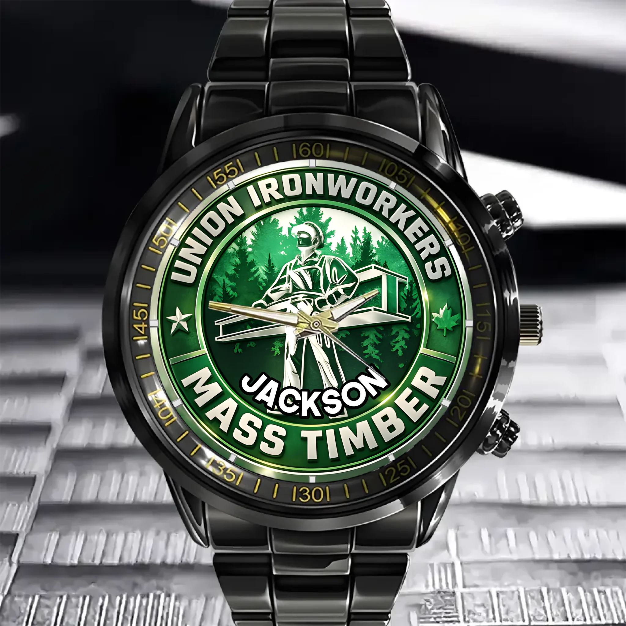 Custom Union Ironworkers Mass Timber Wristwatch - Personalized Name - Gift for Union Members & Construction Pros