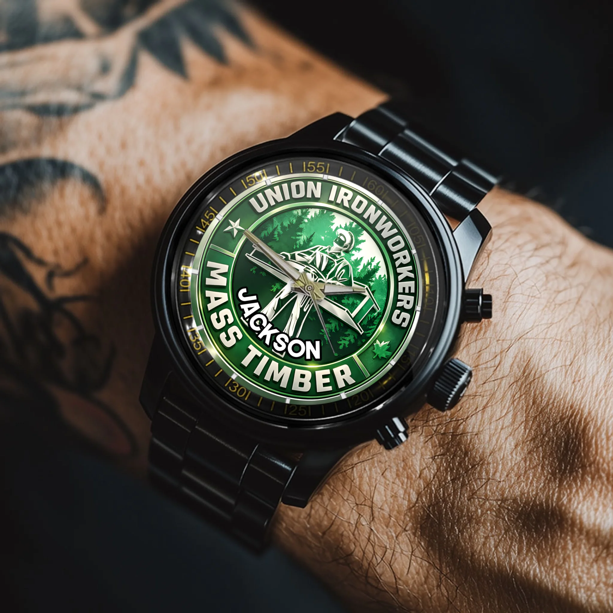 Custom Union Ironworkers Mass Timber Wristwatch - Personalized Name - Gift for Union Members & Construction Pros