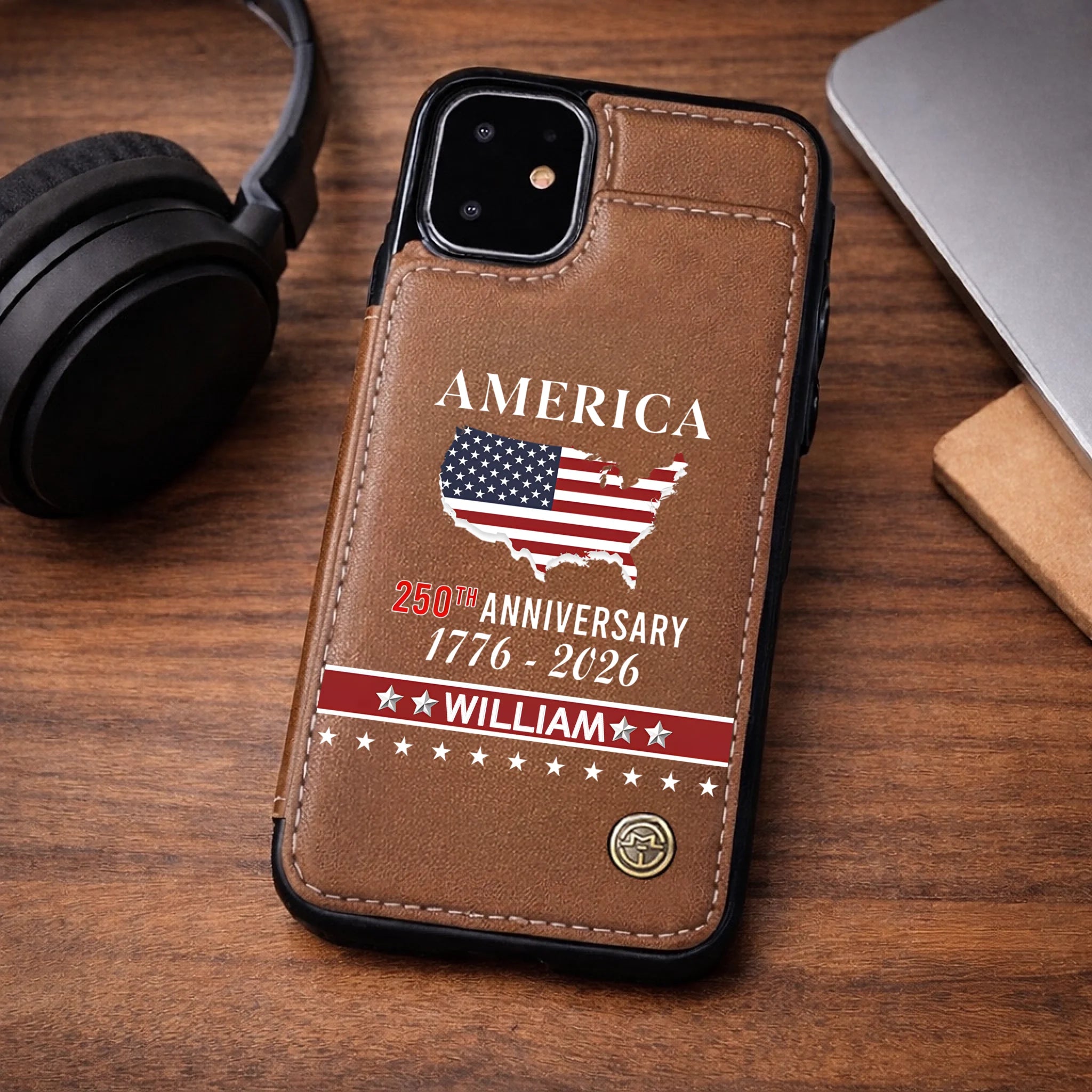 America 250th Anniversary Customized Wallet Phone Case - Personalized Name - Gift for Soldiers, Patriots