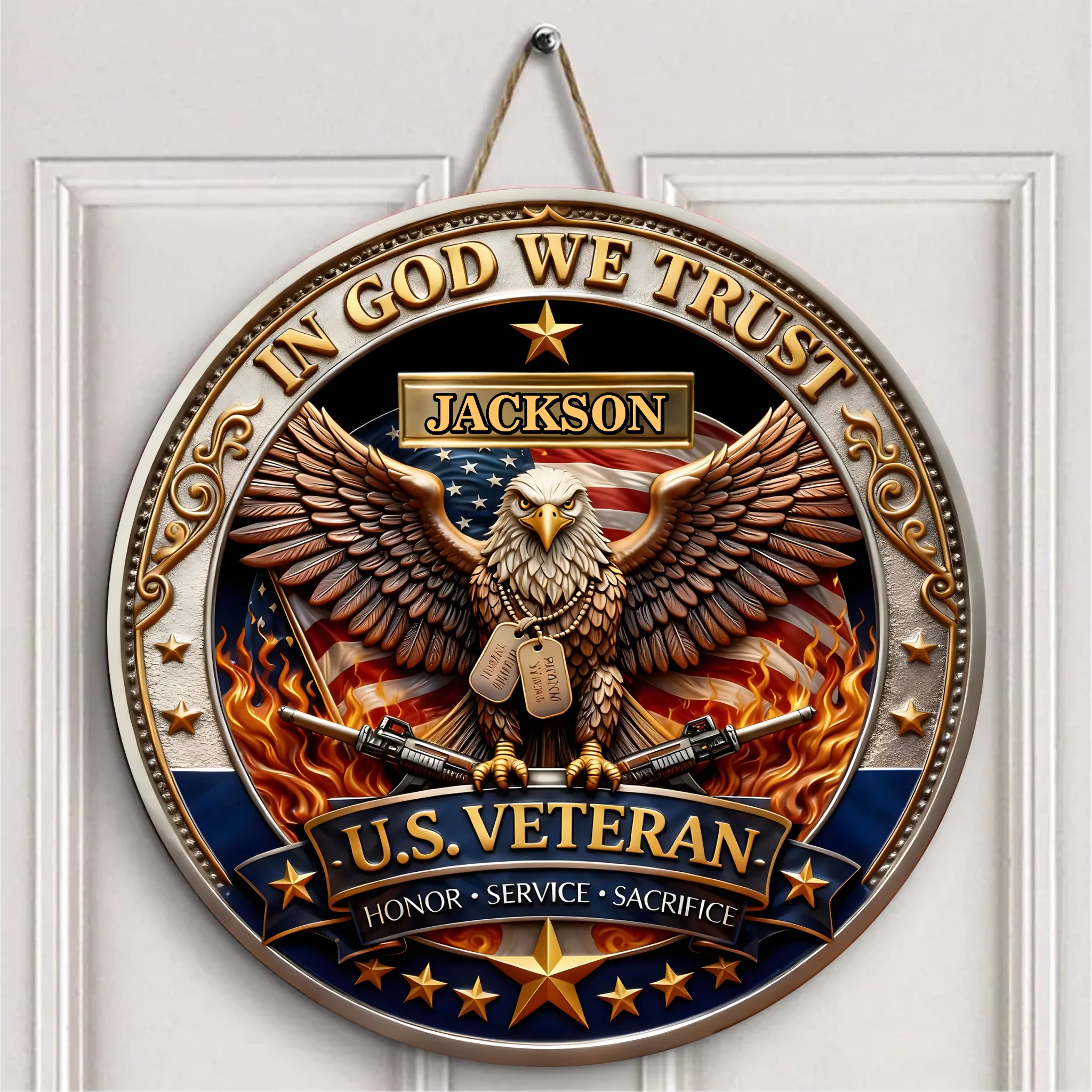 In God We Trust Customized Wooden Doorplates - Personalized Name U.S. Veteran Door Sign - Home Decoration Gifts
