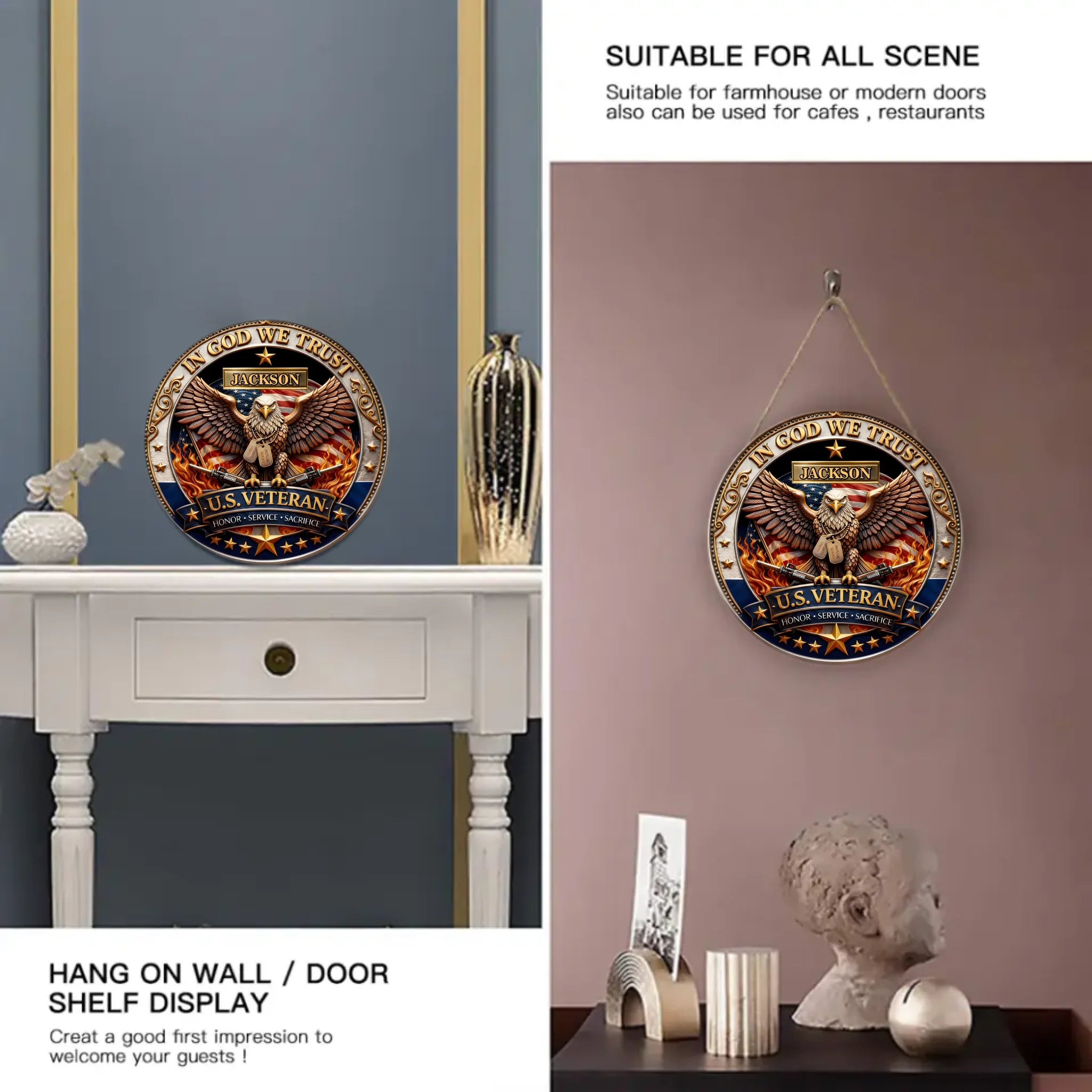 In God We Trust Customized Wooden Doorplates - Personalized Name U.S. Veteran Door Sign - Home Decoration Gifts