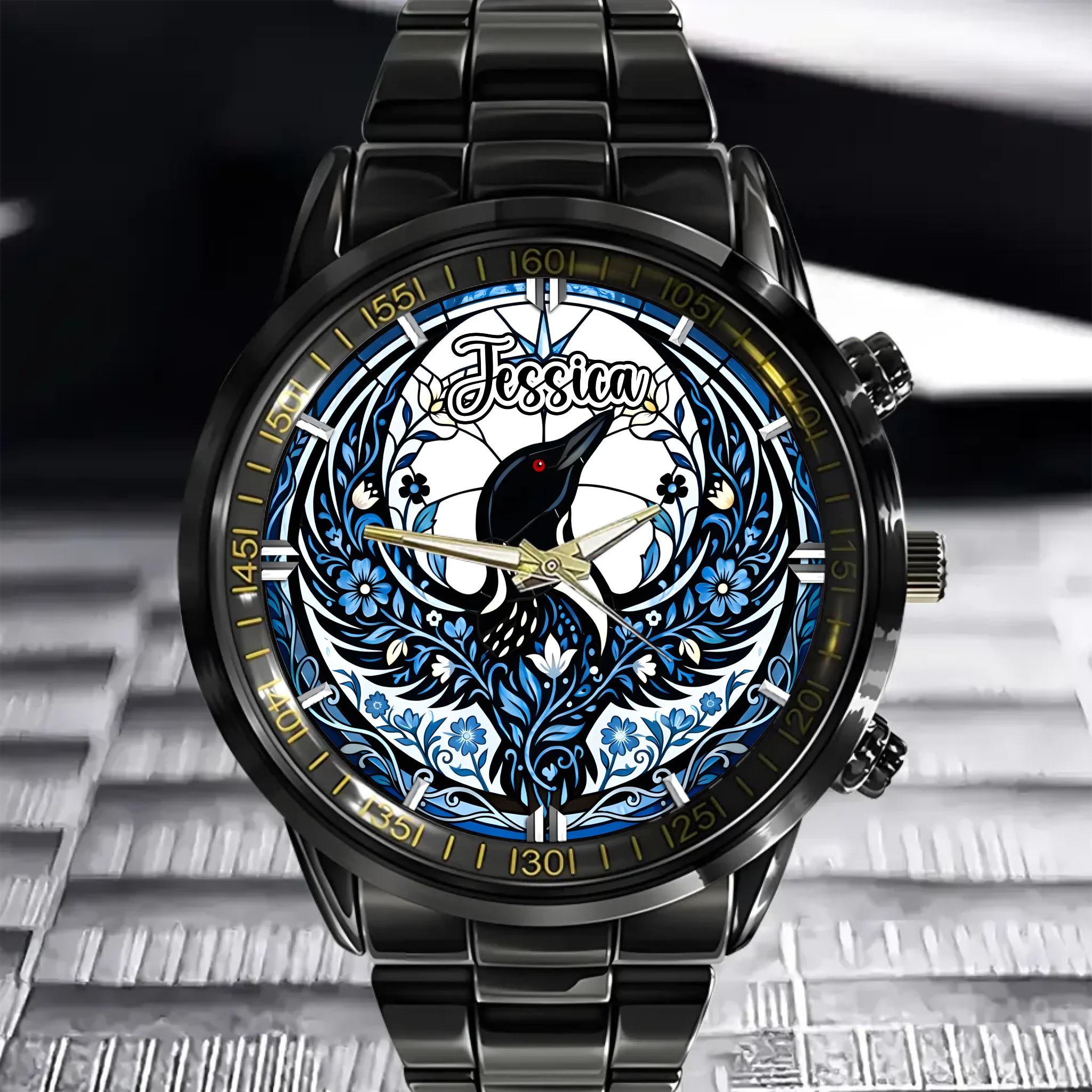 Floral Rebel Loon Customized Watch - Personalized Name Minnesota State Bird Decorative Pattern Watch - Gift For Bird Lovers, Minnesota Residents