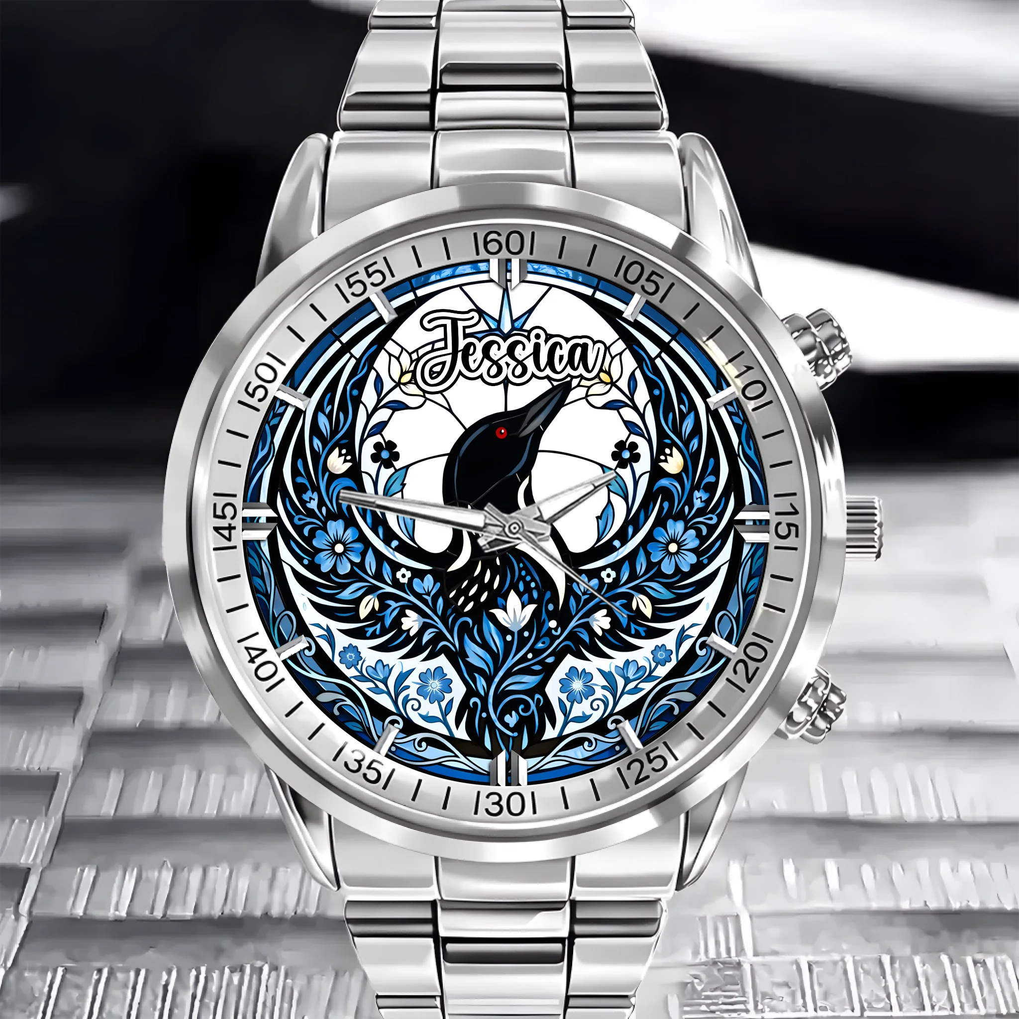 Floral Rebel Loon Customized Watch - Personalized Name Minnesota State Bird Decorative Pattern Watch - Gift For Bird Lovers, Minnesota Residents