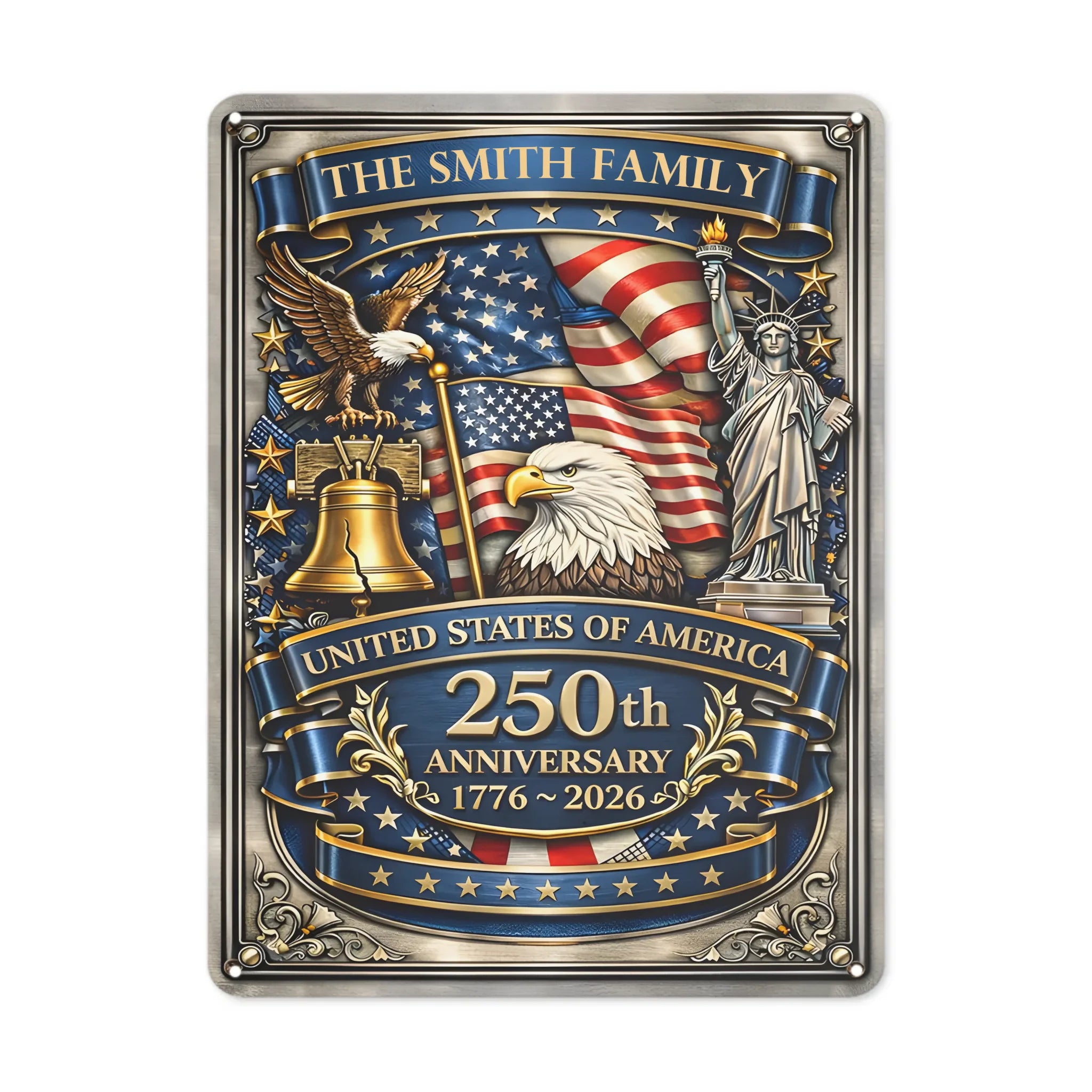America Anniversary Customized Painting - Personalized Name Metal Sign - Gift For Patriot, American Patriot Families