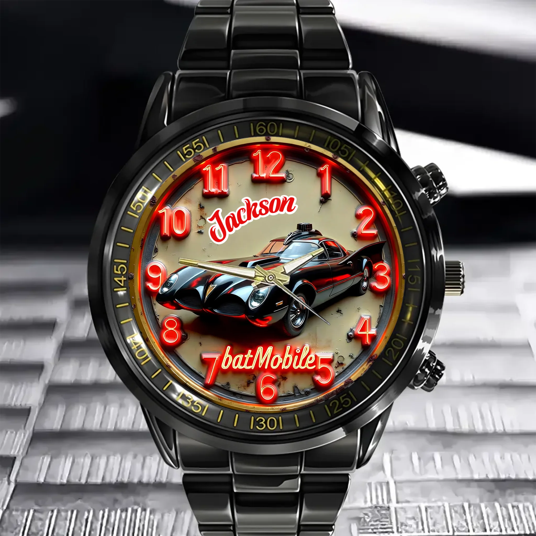 Customized BatMobile Neon Watch - Personalized Name Classic Bat Car Theme Watch - Gift for Car Enthusiasts, Batman Fans, Superhero Lovers