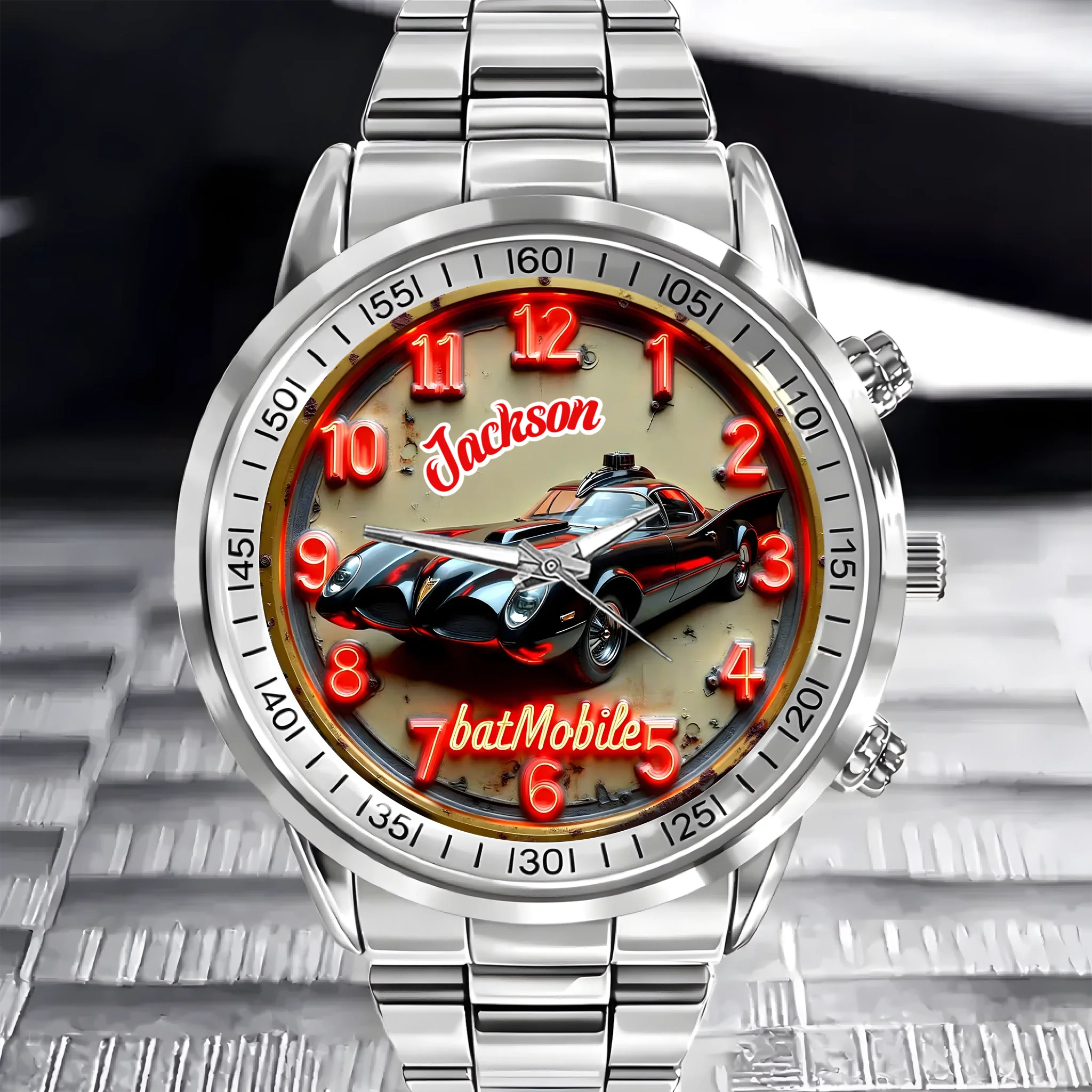 Customized BatMobile Neon Watch - Personalized Name Classic Bat Car Theme Watch - Gift for Car Enthusiasts, Batman Fans, Superhero Lovers