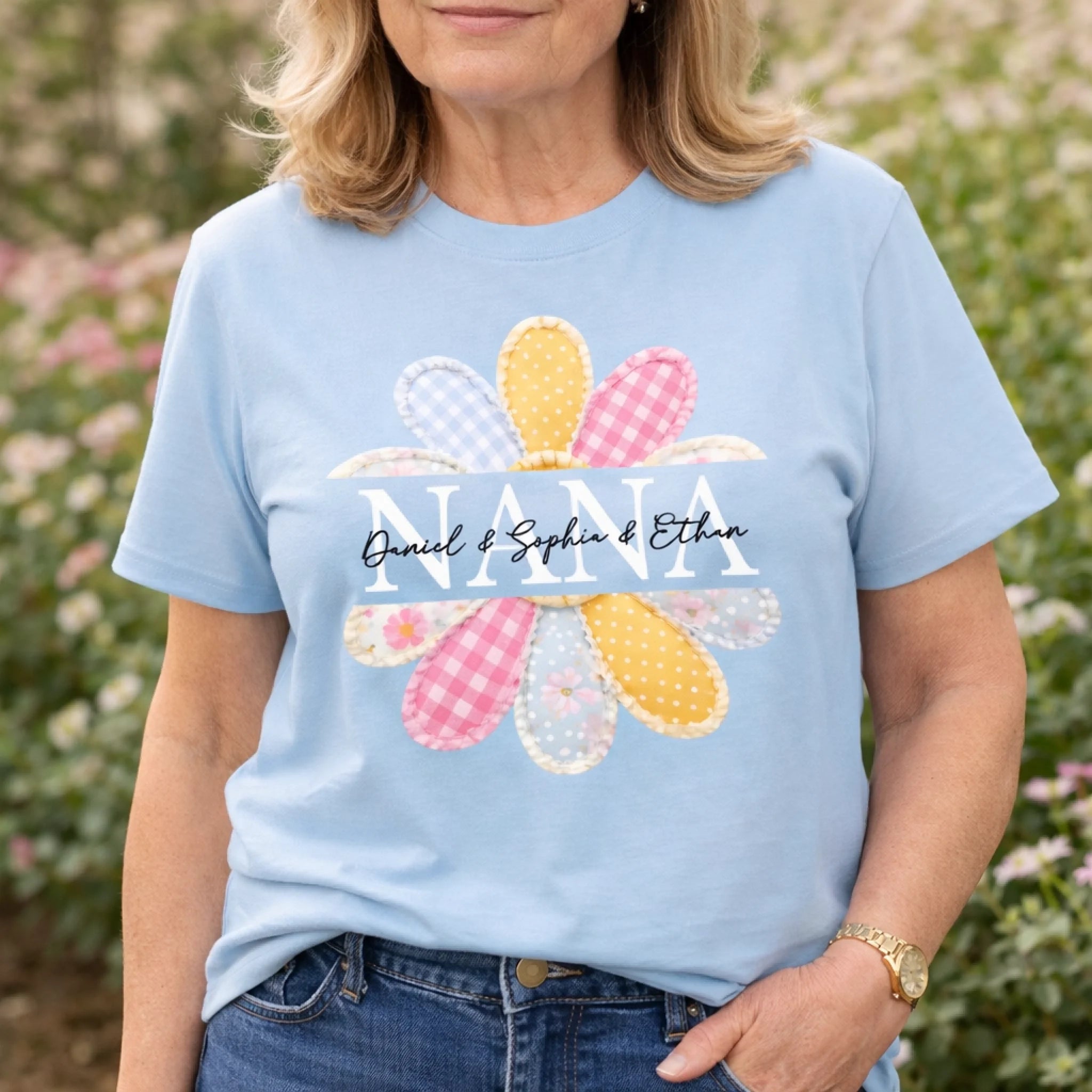 Colorful Patchwork Daisy Customized Nana Clothing - Personalized Nickname And Names - Grandma Gift with Grandkids Names