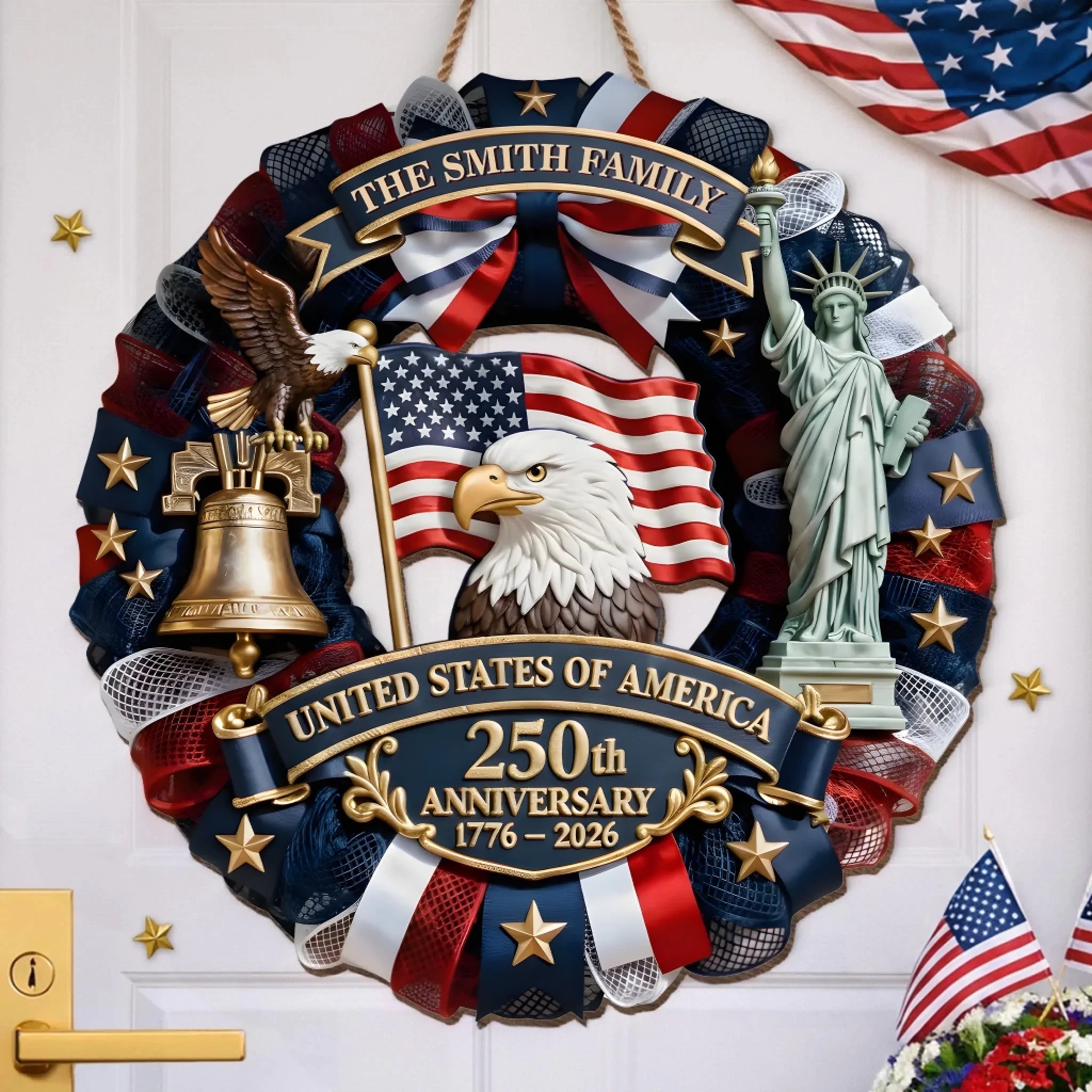 Customized American 250th Anniversary Wooden Doorplate - Personalized Family Surname Patriotic Wreath Doorplate - Gift for American Patriot Families