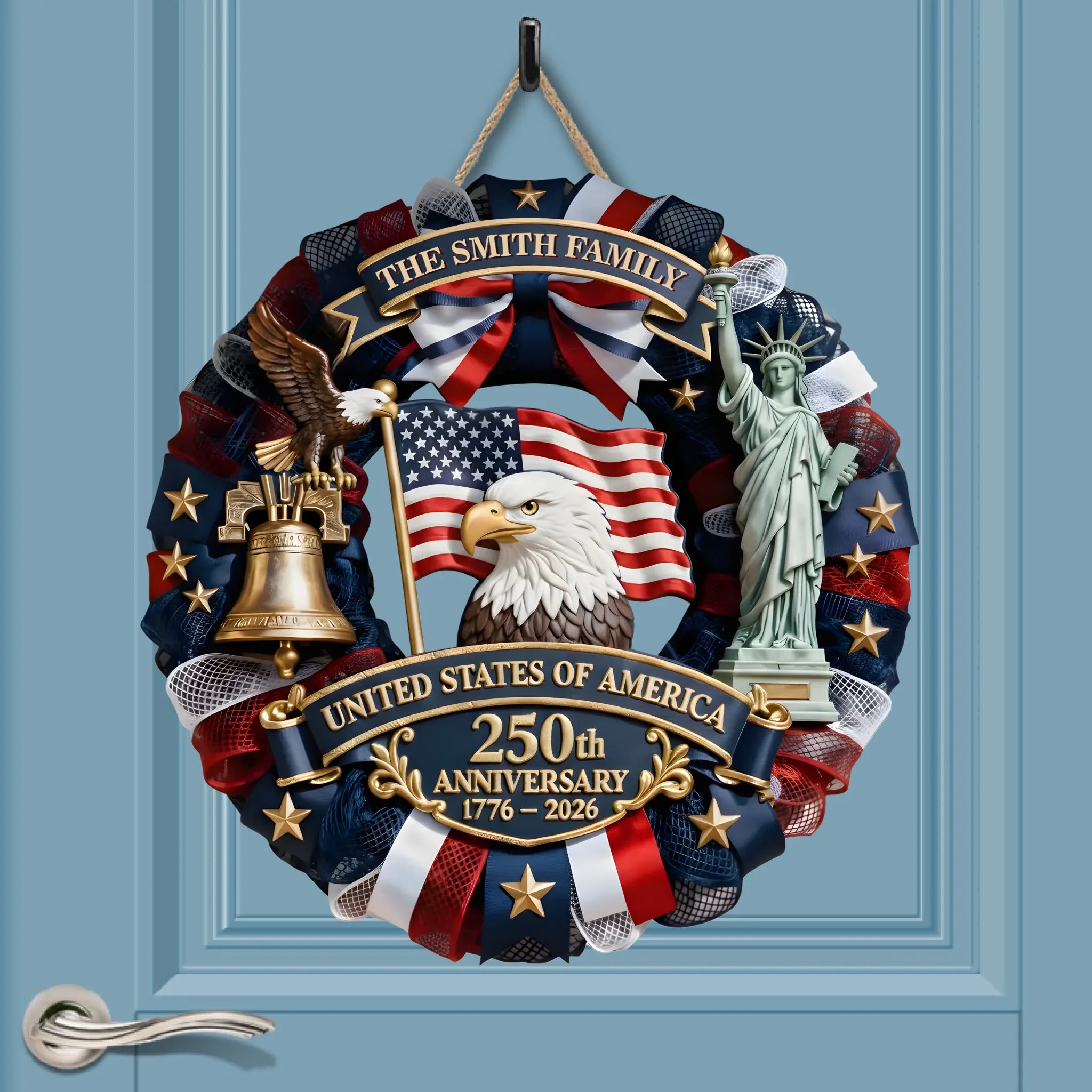 Customized American 250th Anniversary Wooden Doorplate - Personalized Family Surname Patriotic Wreath Doorplate - Gift for American Patriot Families