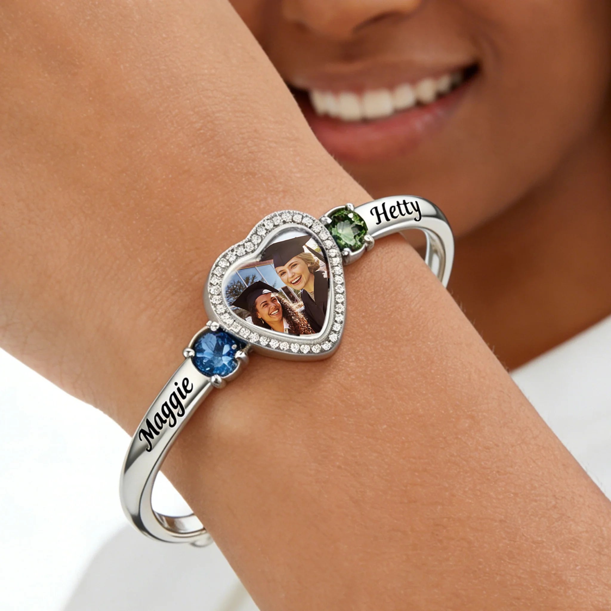 Customized Birthstone & Graduation Photo Heart Bracelet - Personalized Birthstones, Photo and Names - Gifts For Graduates