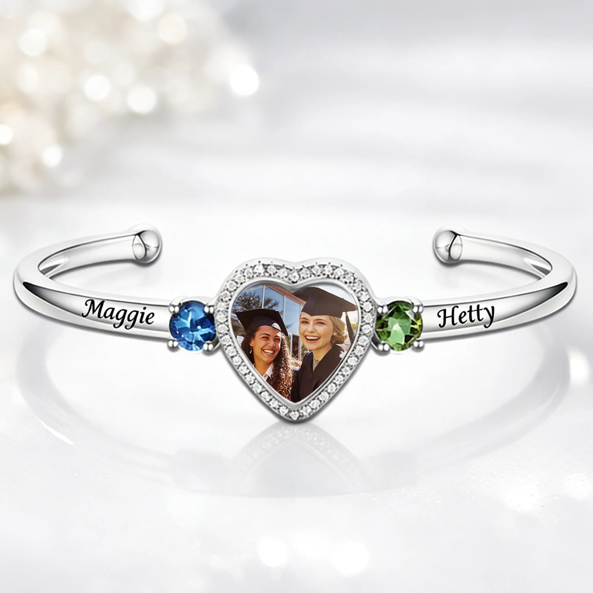 Customized Birthstone & Graduation Photo Heart Bracelet - Personalized Birthstones, Photo and Names - Gifts For Graduates