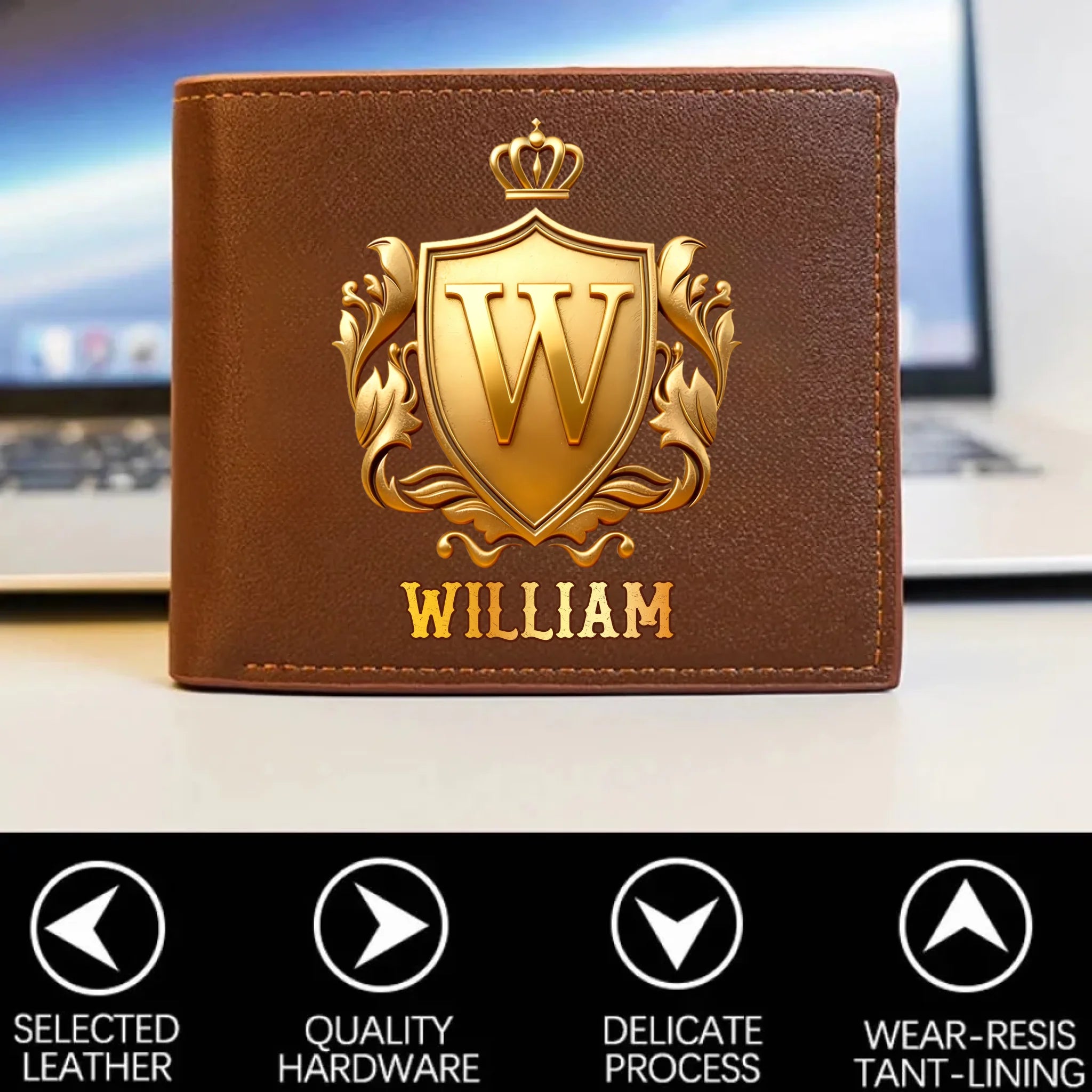 Customized Golden Shield Wallet - Personalized Initial and Name - Gift for Men