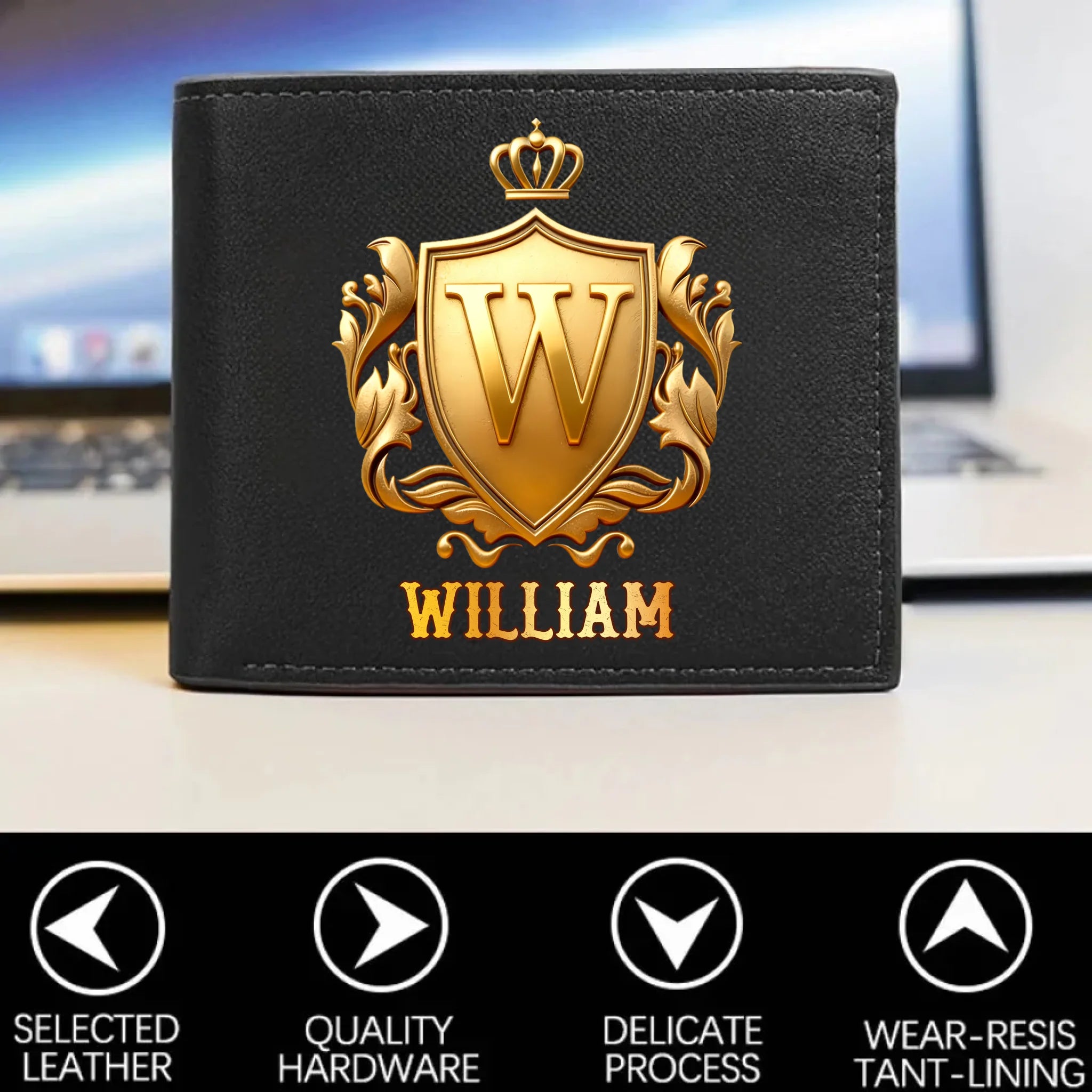 Customized Golden Shield Wallet - Personalized Initial and Name - Gift for Men