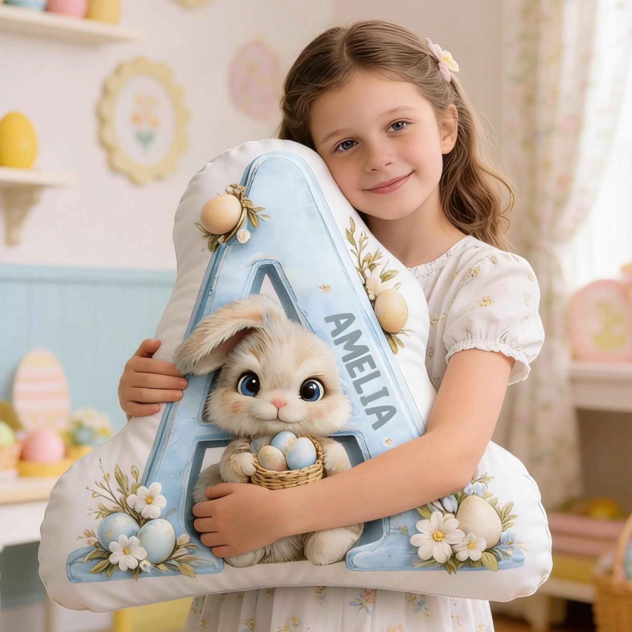 Customized Chenille Bunny Alphabet Plush Pillow – Personalized Name And Initial Letter – Gift For Kids & Toddlers