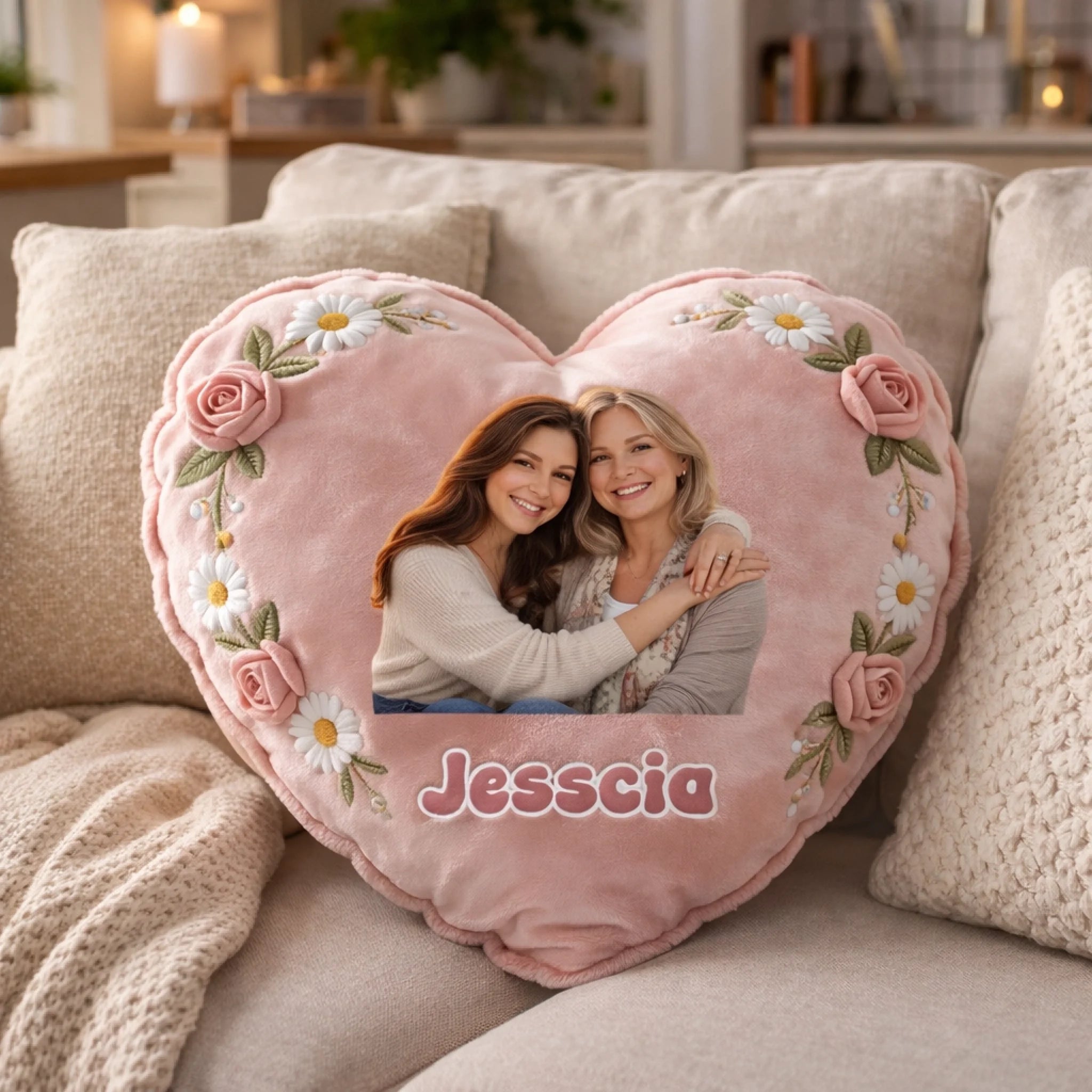 Best Mom Ever Customized Heart Shaped Pillows - Personalized Flower And Photo - Gifts For Moms, Grandmas