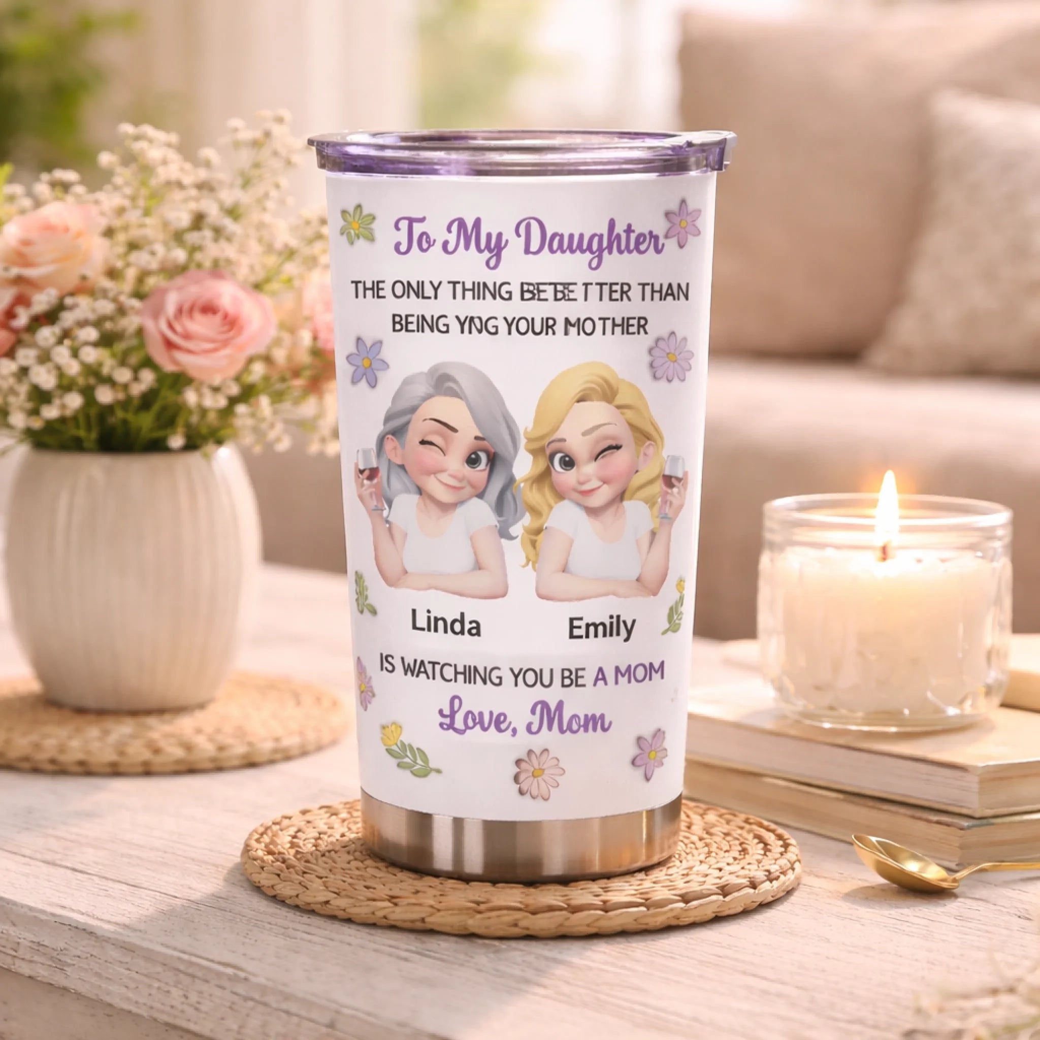 Customized Mother & Daughter Cartoon Thermos Cup - Personalized Names Mother Daughter Keepsake Cup - Gift for Daughter Becoming a Mother