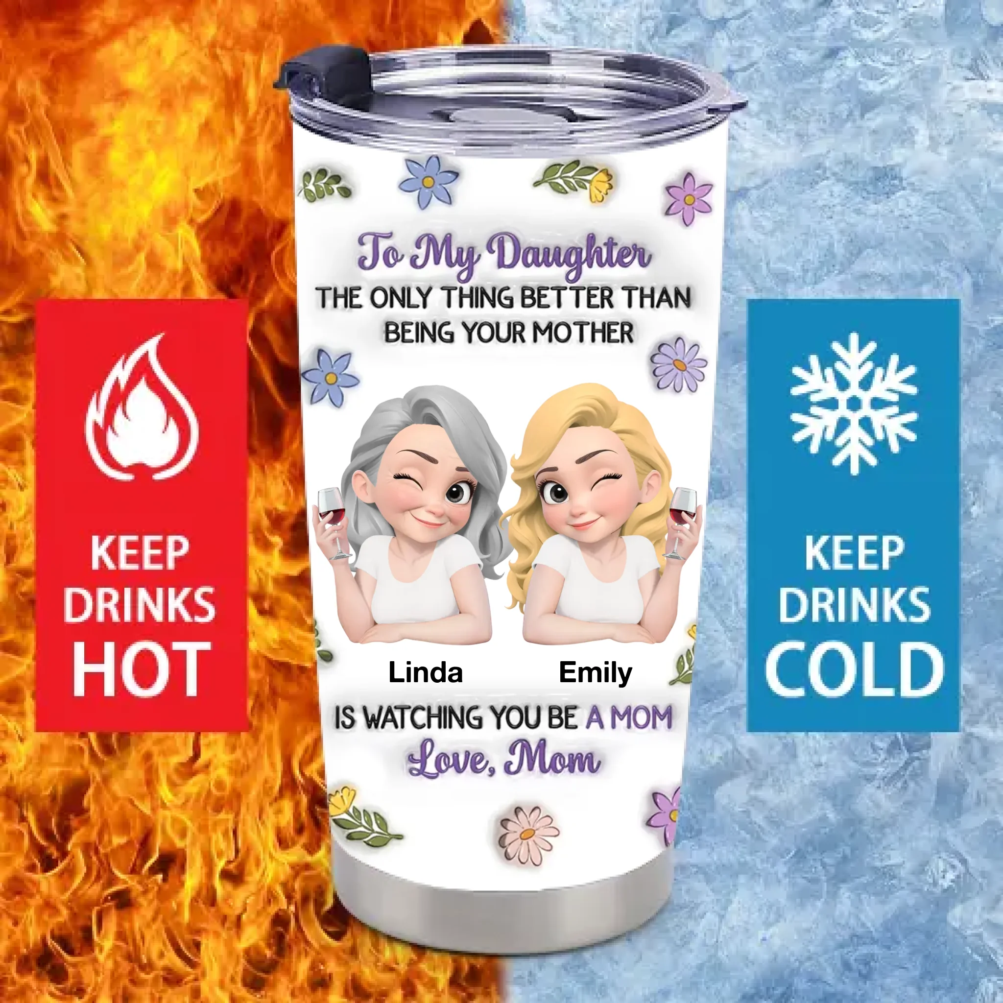 Customized Mother & Daughter Cartoon Thermos Cup - Personalized Names Mother Daughter Keepsake Cup - Gift for Daughter Becoming a Mother