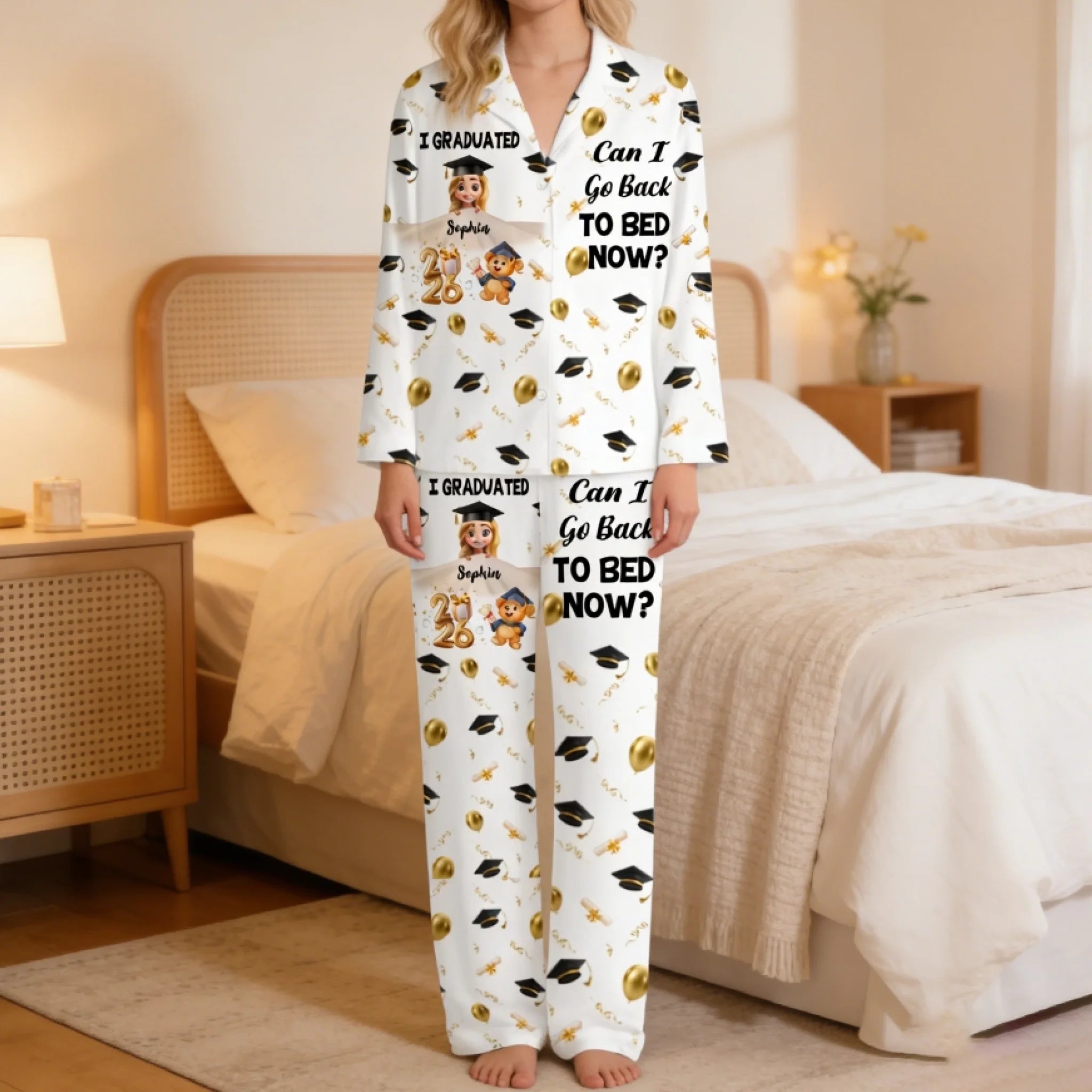I Graduated Can I Go Back To Bed Now Customized Pajama Set - Personalized Cartoon Patterns and Name - Gift For Graduates